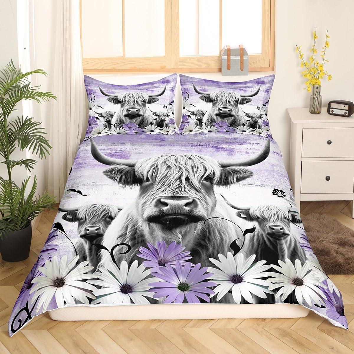 Erosebridal Highland Cow Print Duvet Cover King,Purple Western Farmhouse Bedding Set Rustic Home Decor,Longhorn Cattle Farm Animals Comforter Cover Daisy Flower Quilt Cover Cowboys Gifts for Women Men