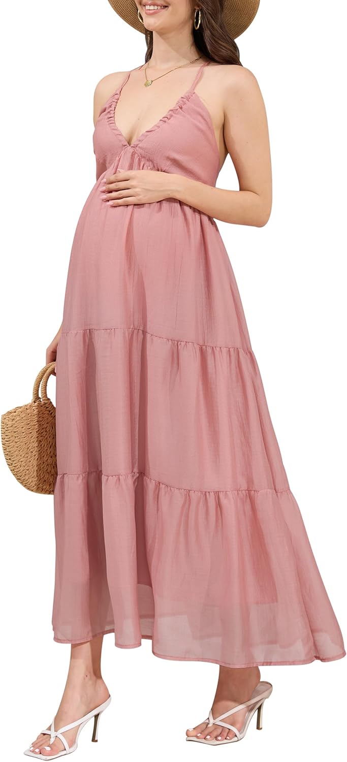 guruixu Spaghetti Strap Maternity Photoshoot Dress Flowy Baby Shower Beach Dress Backless Tiered Boho Pregnancy Clothes