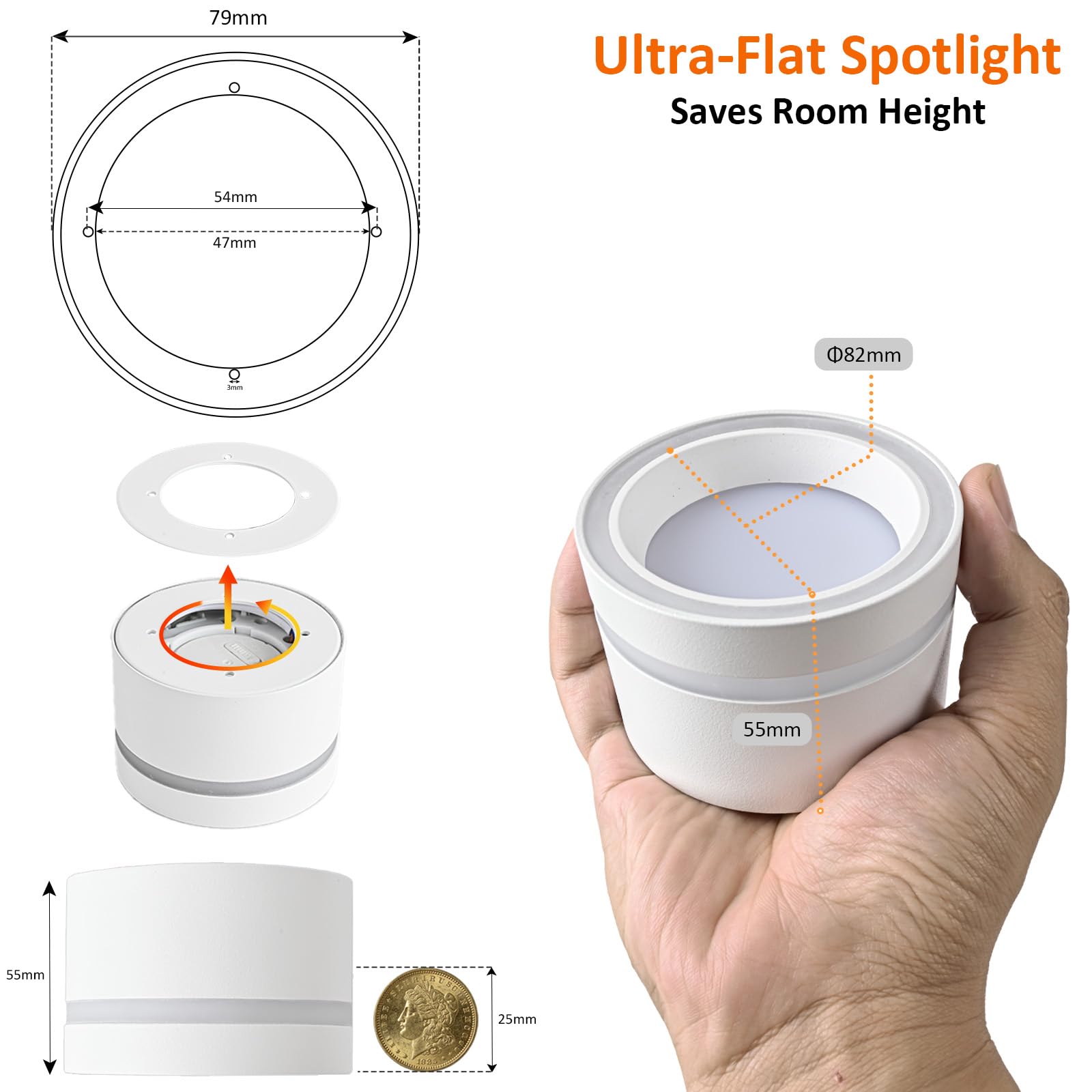 Aufbauspot Deckenspot Weiß flach, Aufbaustrahler 6W CCT 3000K/4000K/6500K, LED Spots Dimmbar, Aufputz Spots 230V mit GX53 Fassung, Deckenstrahler Aluminium für Schlafzimmer, Badezimmer 4Stück