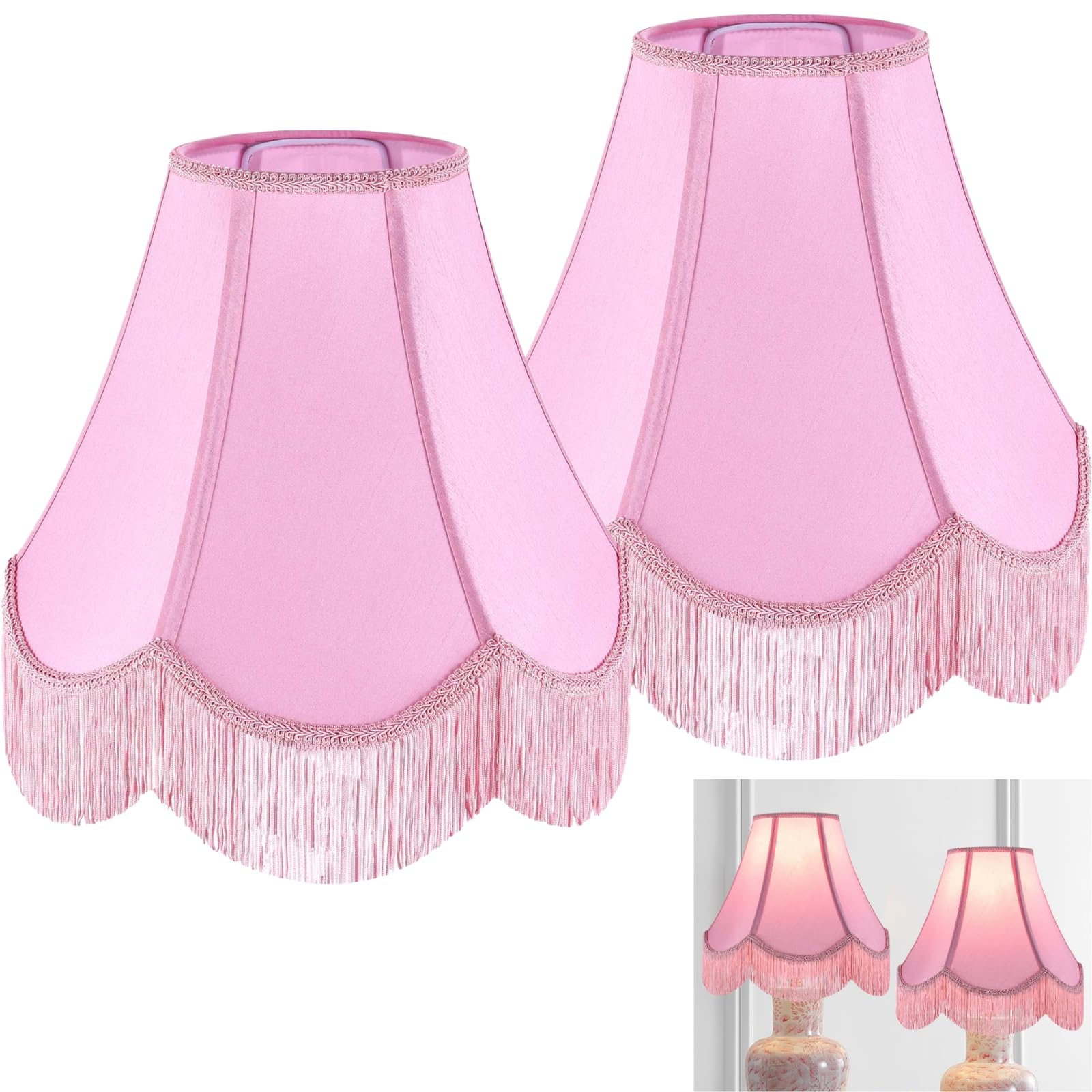 Pink Silk Fabric Bell Lamp Shades Set of 2, Victorian Fringe Trim