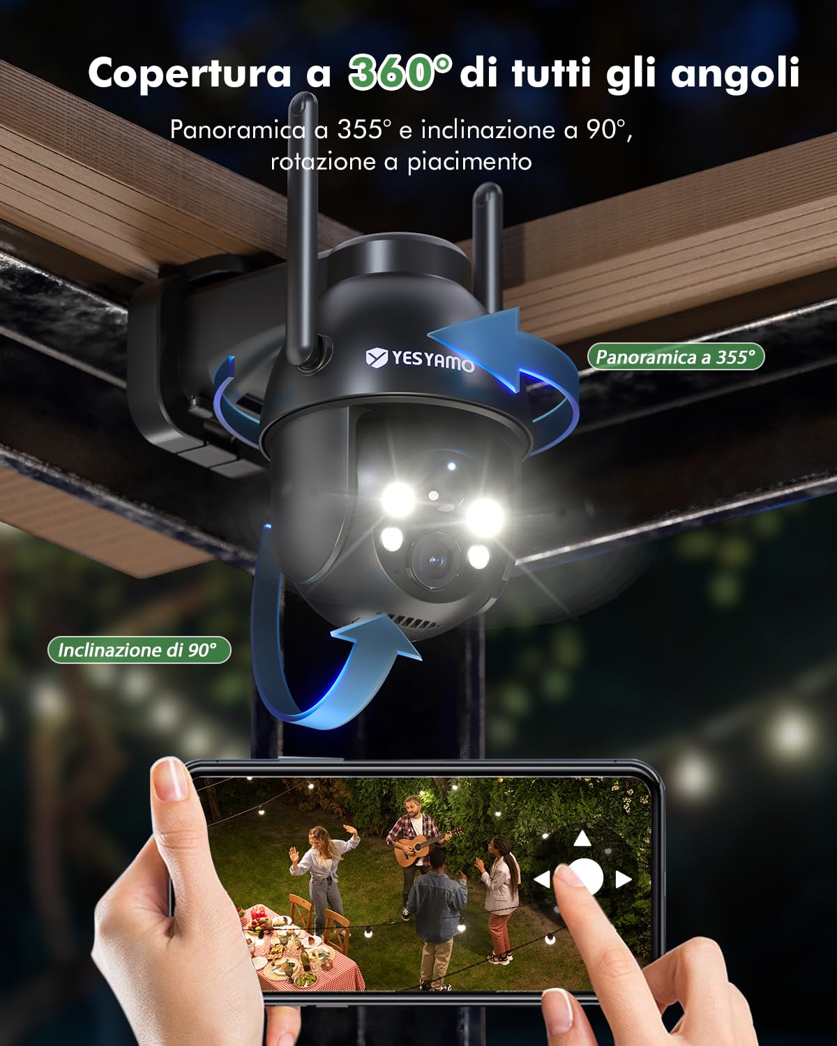 YESYAMO 2K Telecamera WiFi Esterno Senza Fili Pannello Solare, Videocamera Sorveglianza a Batteria 360° PTZ Visione Notturna Colori Audio Bidirezionale IP66