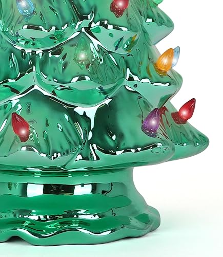 Miniatura 2 de Milltown Merchants Árbol de Navidad de cerámica – Árbol de mesa con luces – (15.5 pulgadas grande perla esmeralda árbol de Navidad / luces