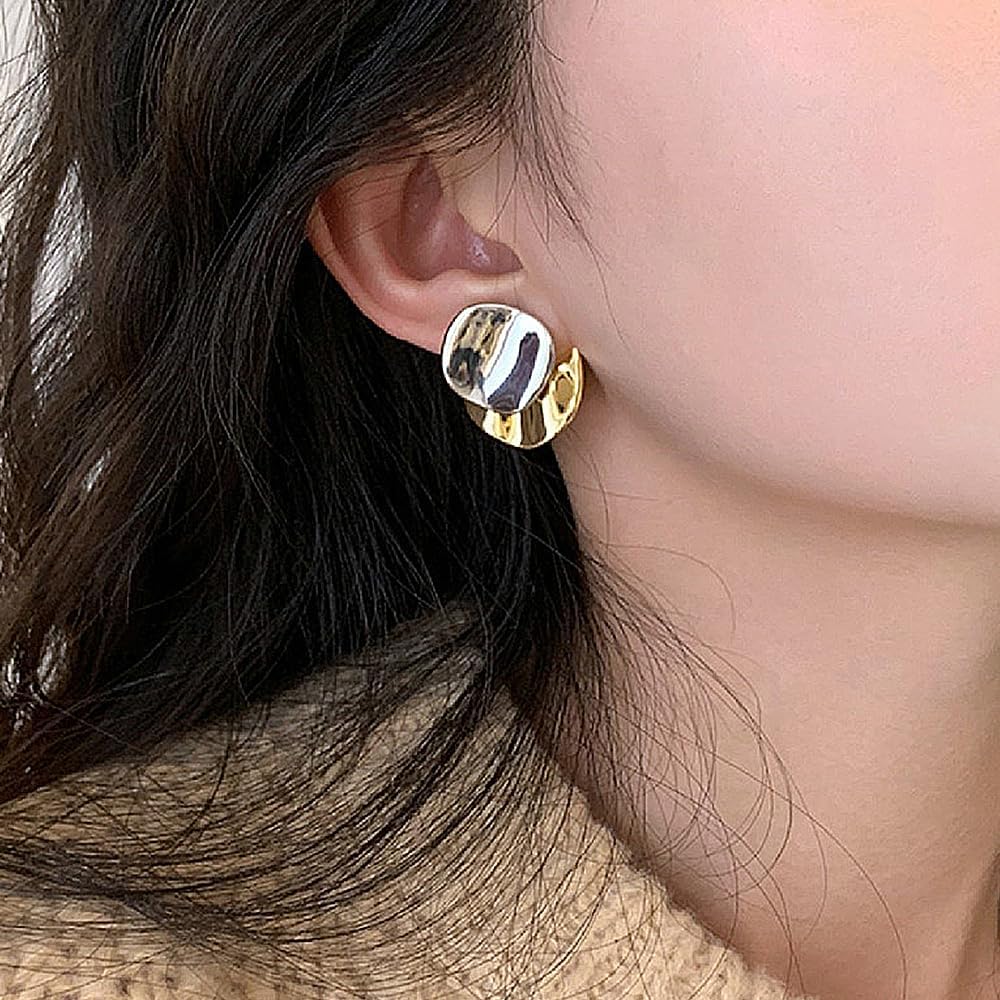 Chunky Gold Silver Drop Earrings Geometric Hammered Circle Two Tone Earrings Hypoallergenic Round Statement Earrings Jewelry Presents for Women Wife - Image 4