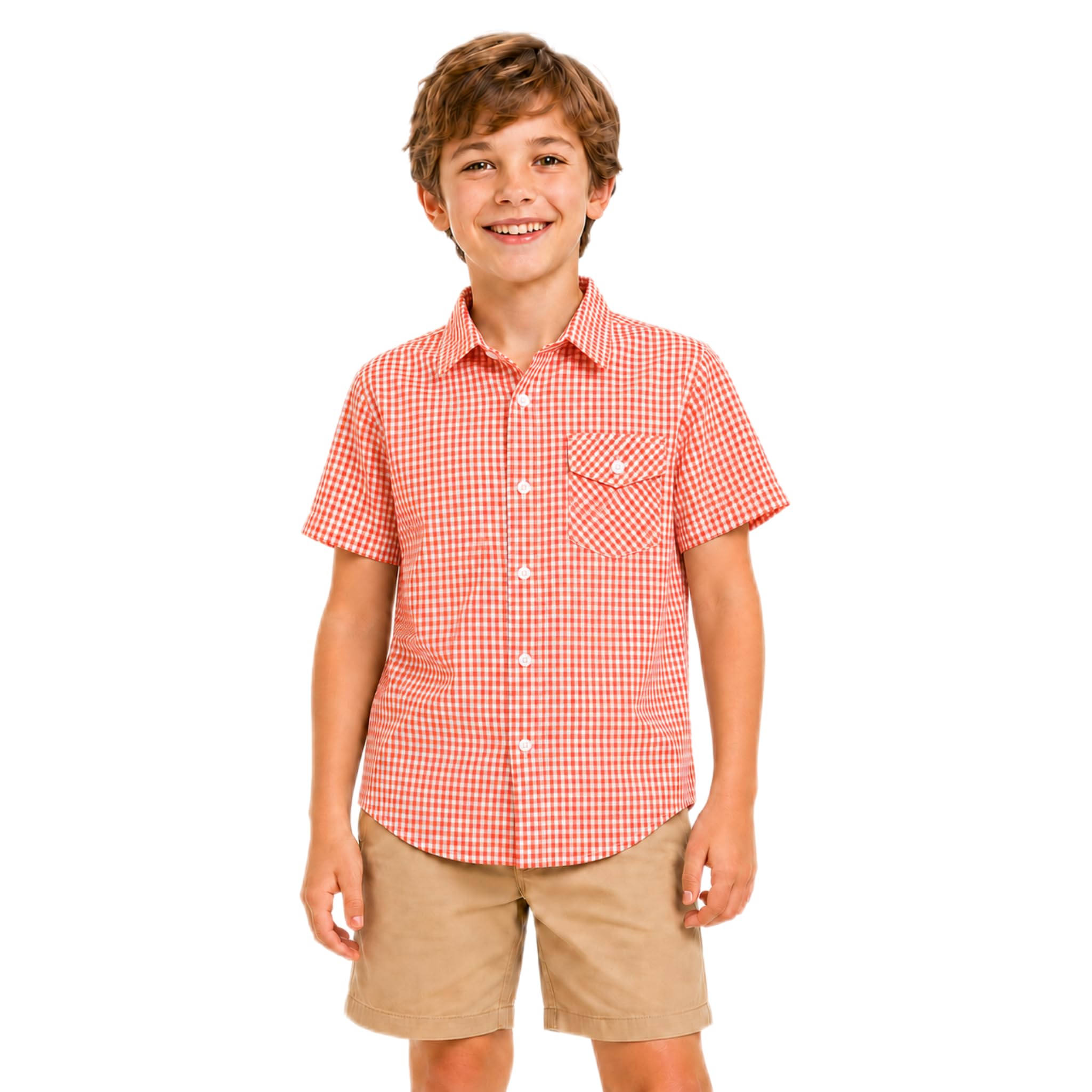 Bienzoe Camisa deportiva de manga corta de algodón a cuadros para niño - - 7-8 años