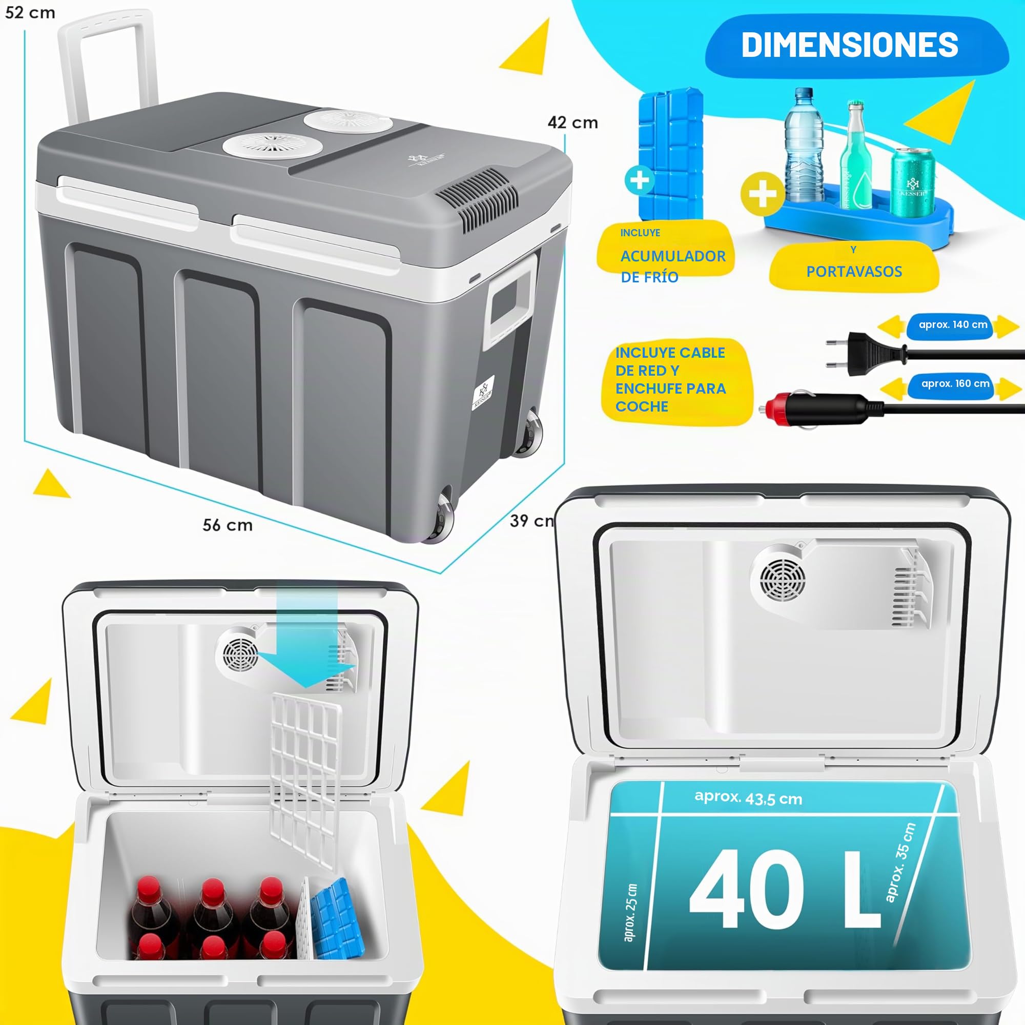 KESSER® Nevera eléctrica portátil 40L con Ruedas | Calienta y enfría | Termoeléctrica | Mini Nevera | 12V y 230V | para Coche, Camping y Enchufe | Modo Eco | Incluye acumuladores de frío