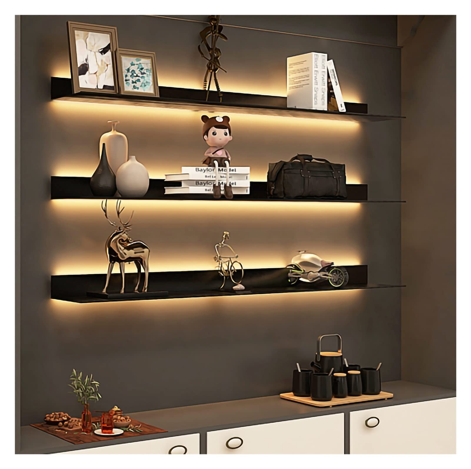 ウォールシェルフwithライト Amazon｜LEDウォームライト付き壁掛け発光棚 1,12V多用途アルミニウム