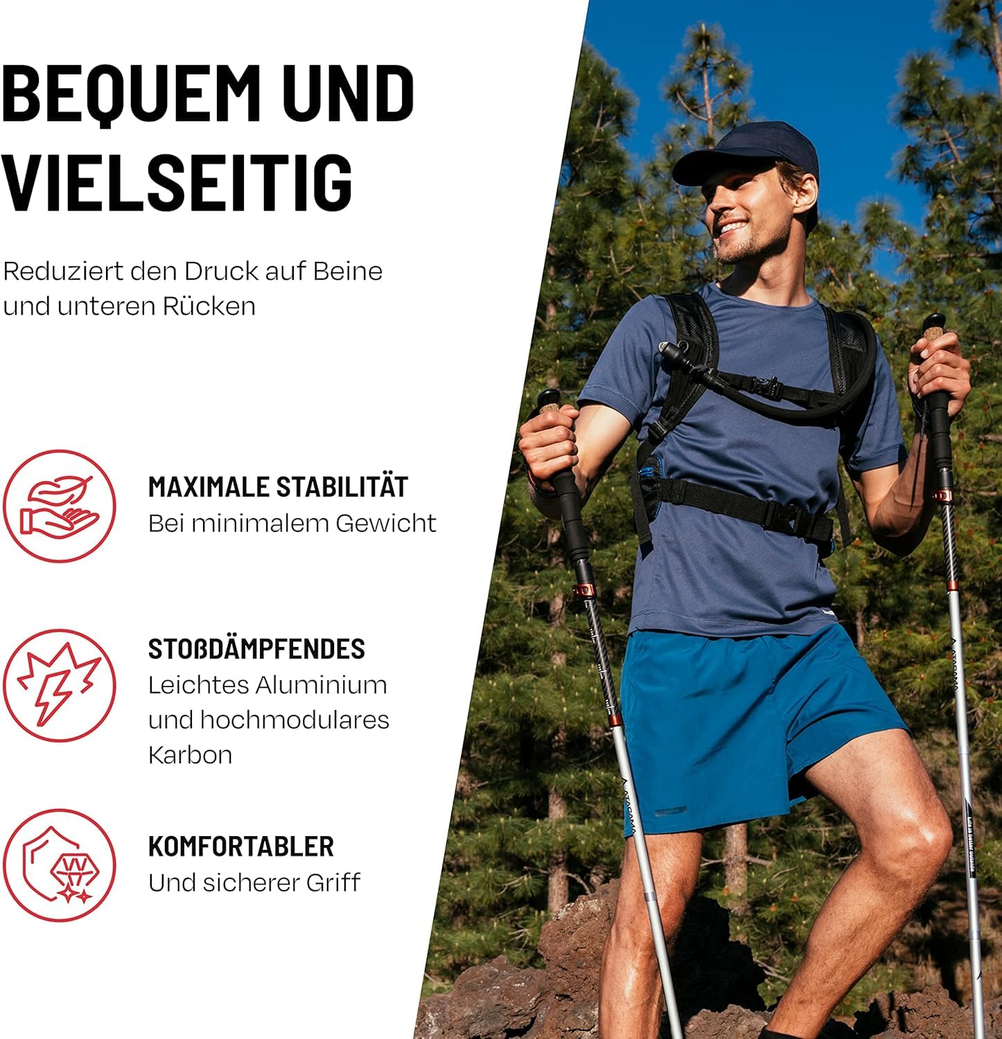 ATACAMA Wanderstöcke verstellbar aus Carbon oder Aluminium mit Korkgriff | Ergonomische Nordic Walking Stöcke für Damen & Herren | Leichte Trekkingstöcke Teleskop für Bergsport und jedes Gelände