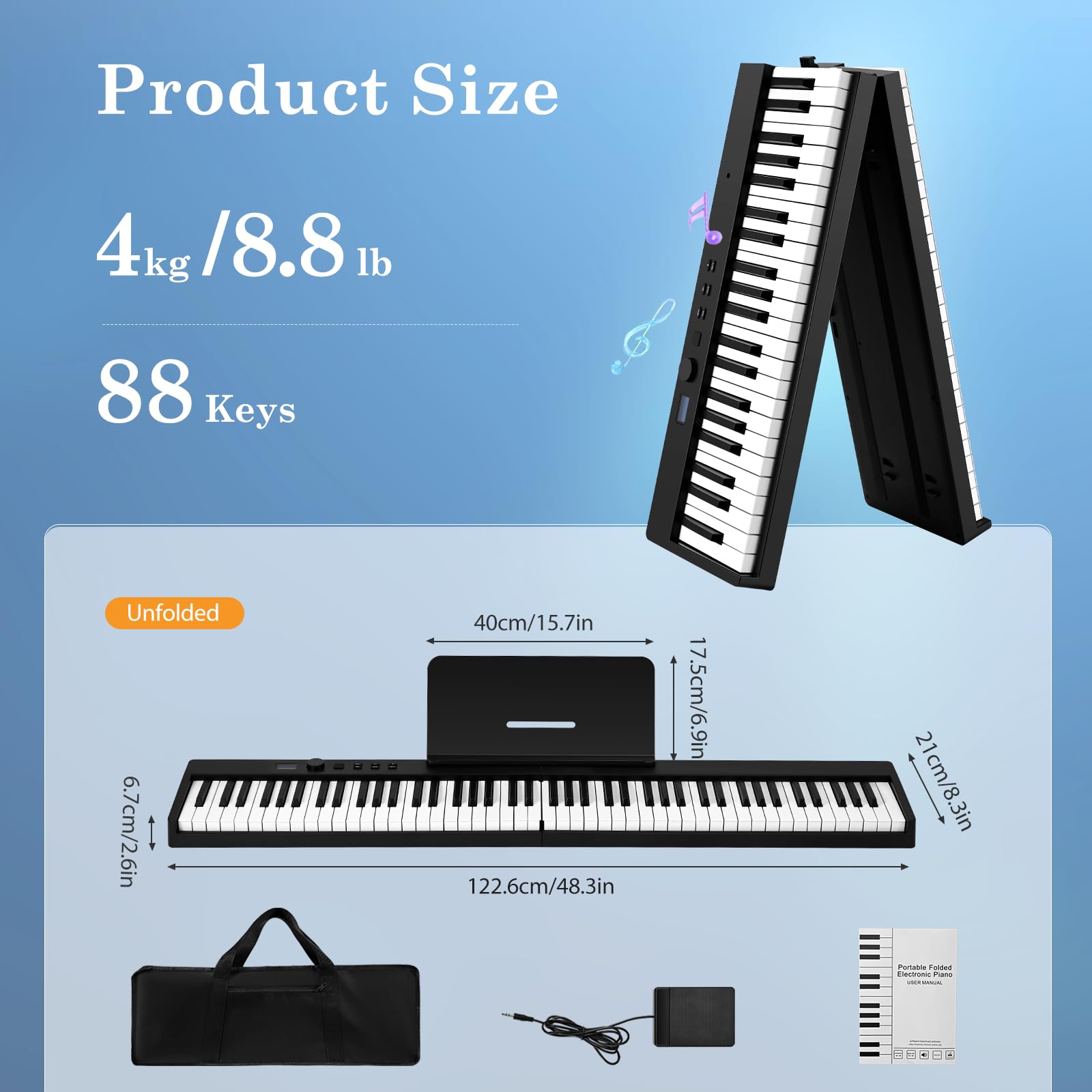 Pianoforte Digitale 88 Tasti semi-pesati, Pieghevole Digital Piano con Bluetooth e interfaccia MIDI, Semipesata Piano Elettroniche Fullsize per Principianti