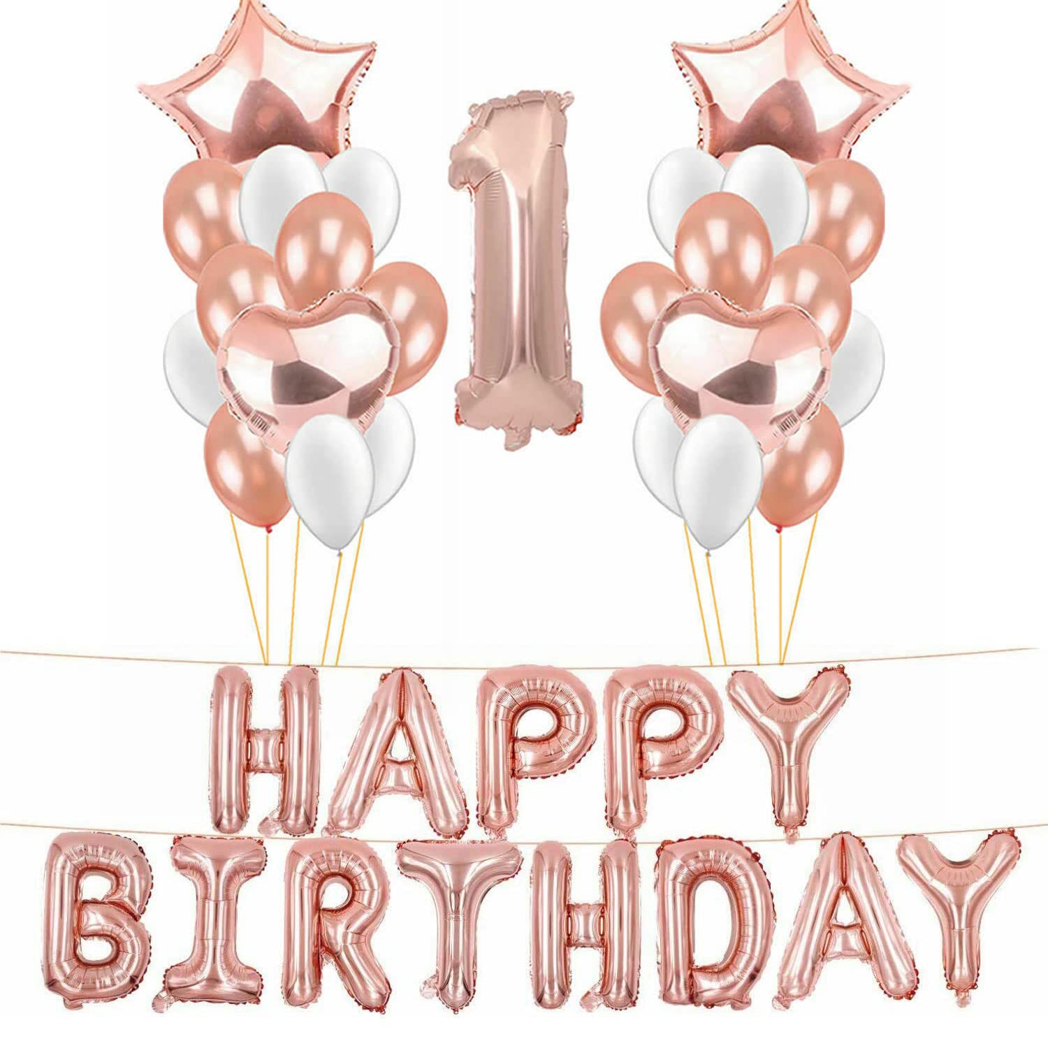 Trimming Shop Happy Birthday Balloons Self Inflating 16 Inch Letters, 40" Large Number 1 Foil Balloon, 2pcs 16 Inch Heart & Star Balloons, 10pcs 12 Inch latex balloons, Indoor Birthday Decoration Kit