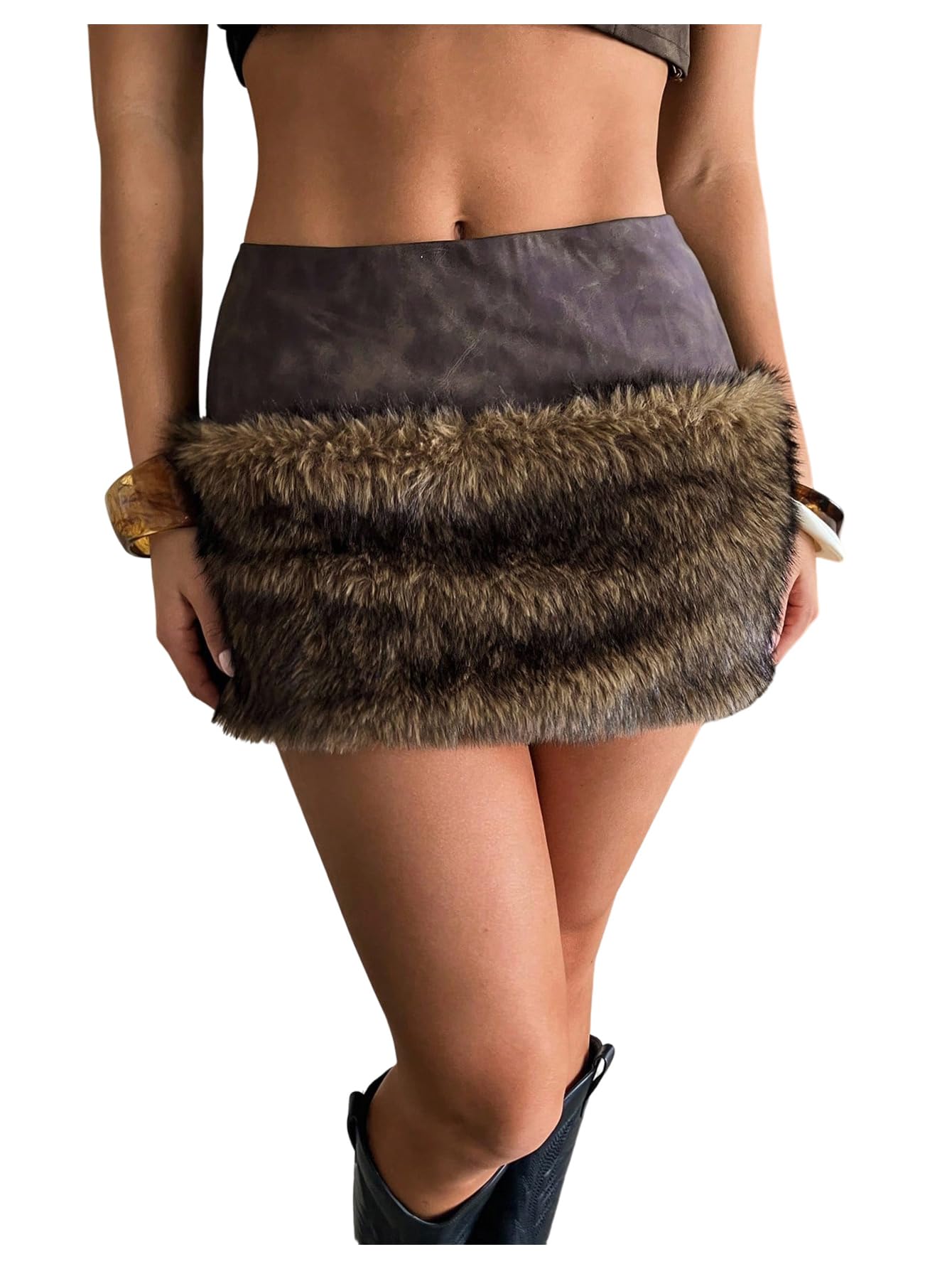 MakeMeChic Womens PU Leather Fuzzy Mini Skirt Low Waisted Faux Fur Bodycon Y2K Skirts