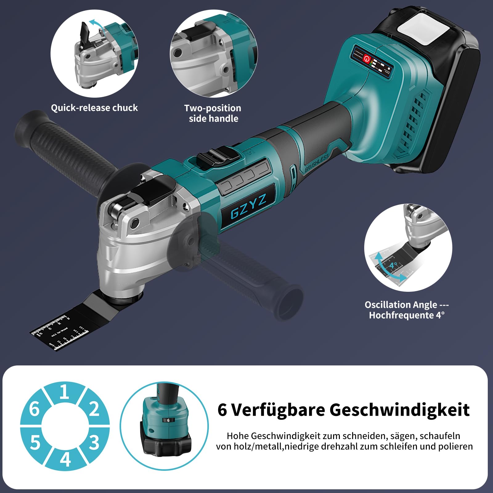 Batería multifunción compatible con batería Makita de 18 V, herramienta oscilante de 6 marchas con 16 accesorios, sierra oscilante con motor sin escobillas, soporte de herramientas (sin batería)