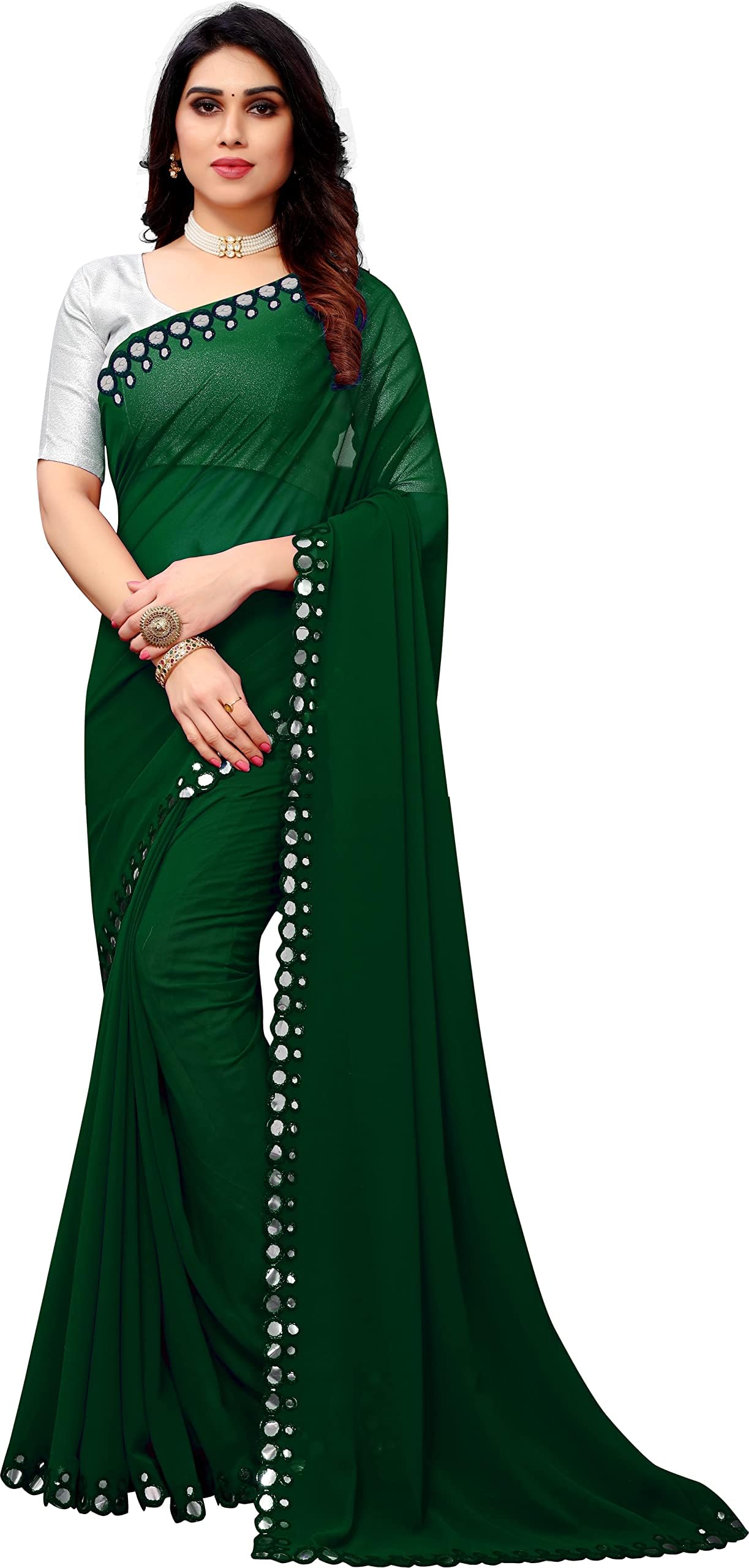Florely Women's Soft Georgette Designer Mirror Border work Plain Saree with Blouse Piece