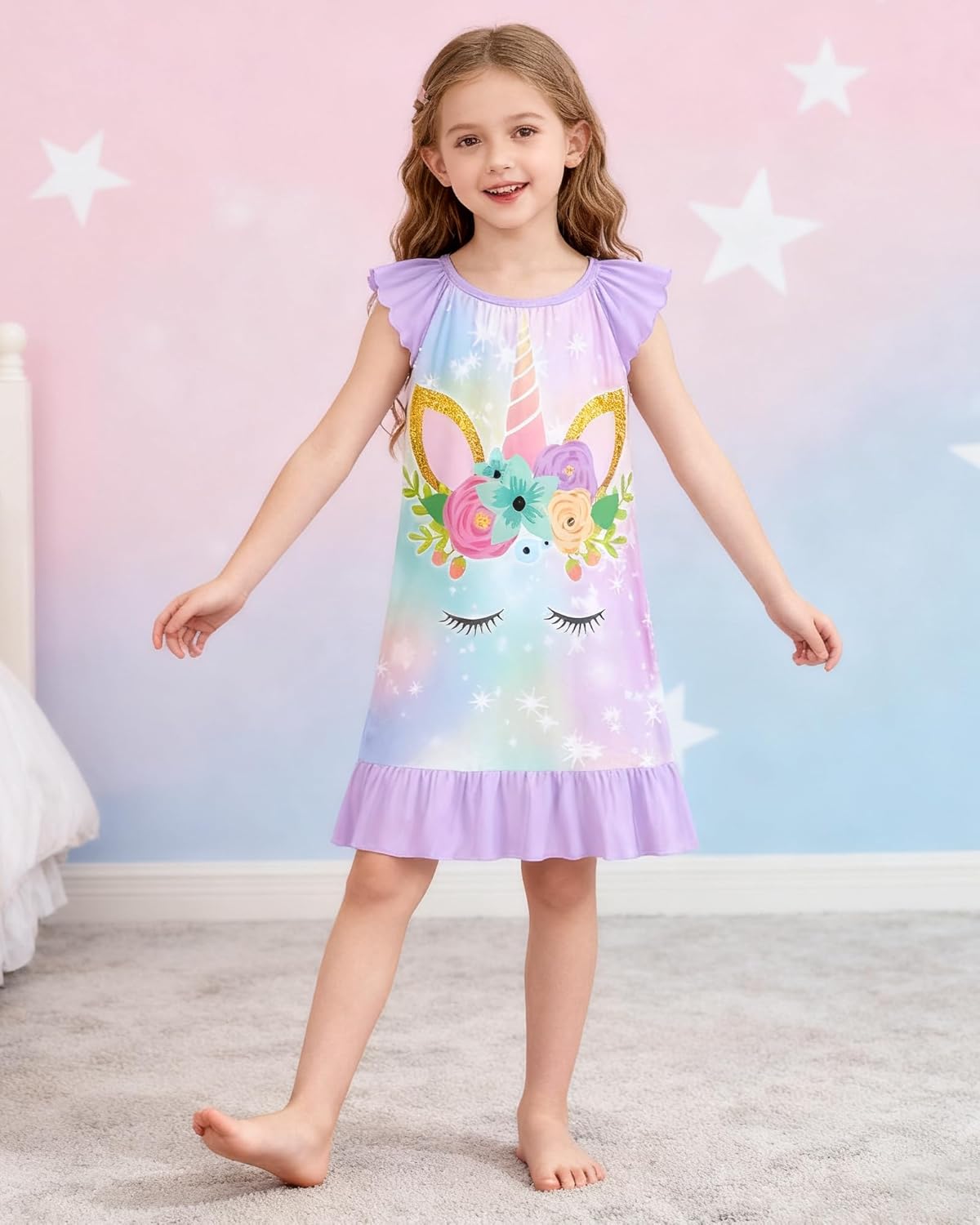 LQSZ 2Pcs Girls Nightgowns 3-10 Years Flutter Short Sleeves Dress Nightdress Sleepwear Pajamas Nightgowns for Girls - Image 2