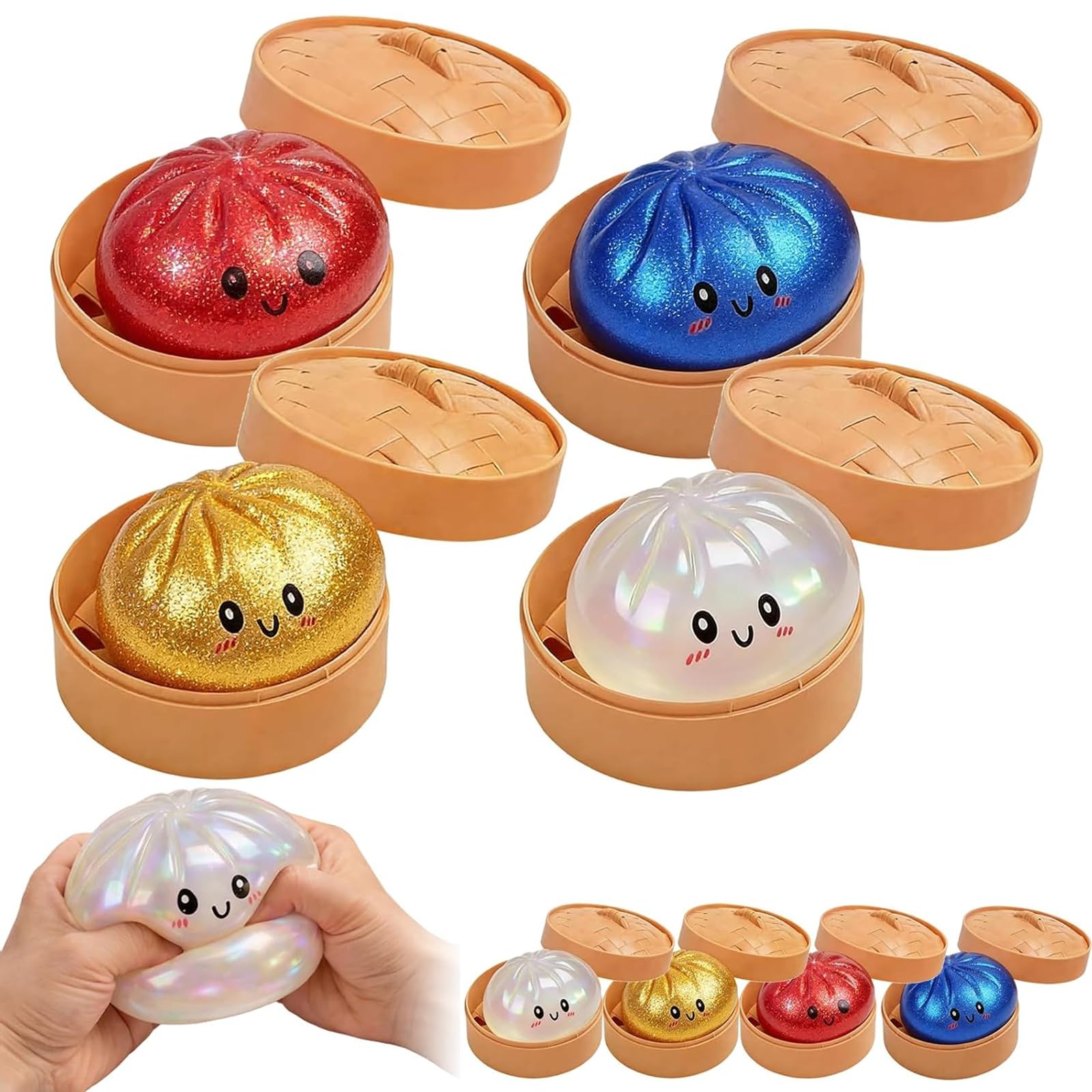 4PCS Giant Dumpling Squeeze, Dumplings Squishy con Purpurina, Juguetes Fidget Blandos de Rebote Lento, Pelotas Antiestrés para Aliviar la Ansiedad, Juguete Sensorial para Niños y Adultos