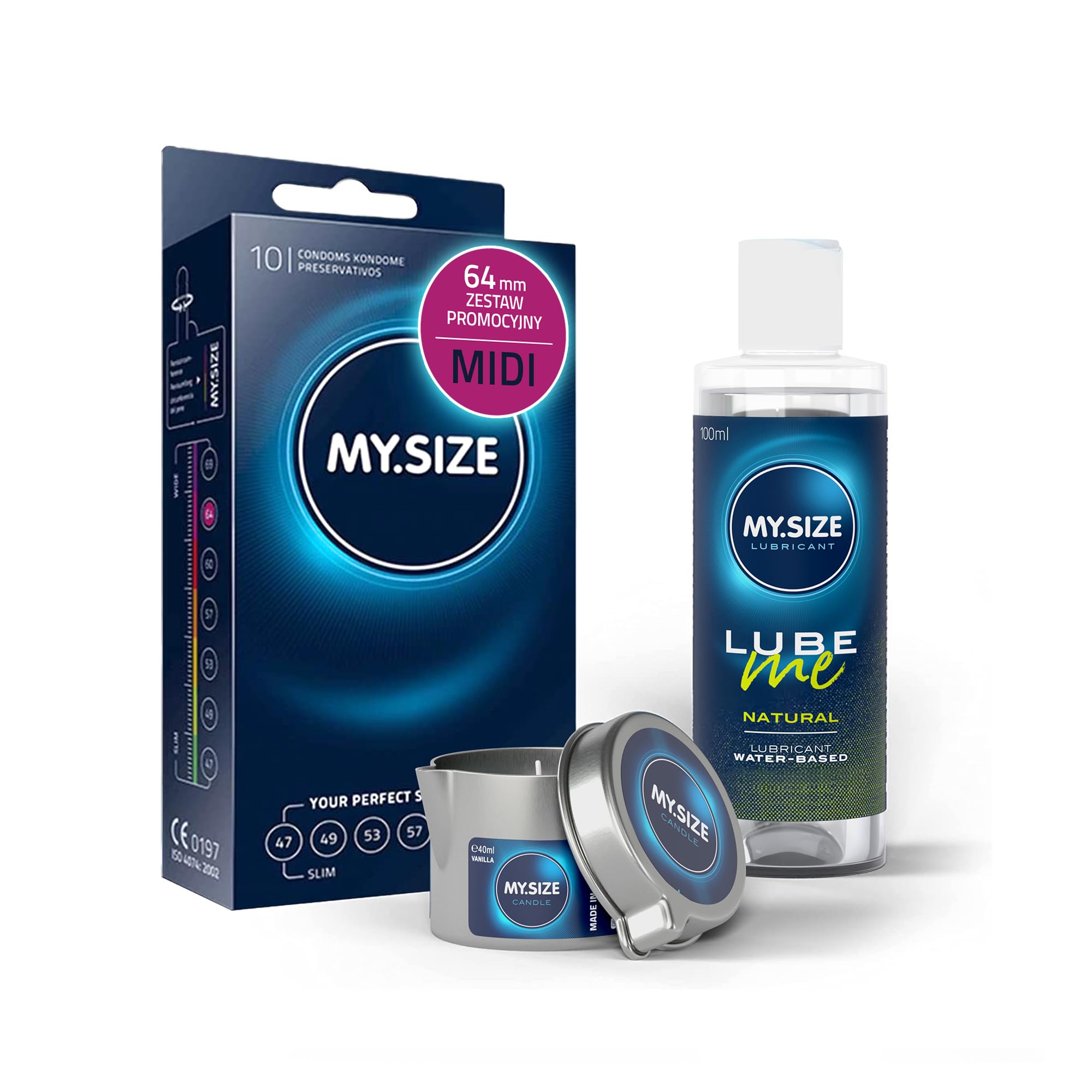 Zestaw promocyjny: prezerwatywy MY.SIZE 64 mm, 10 szt. + naturalny żel nawilżający MY.SIZE 100 ml + świeca do masażu MY.SIZE