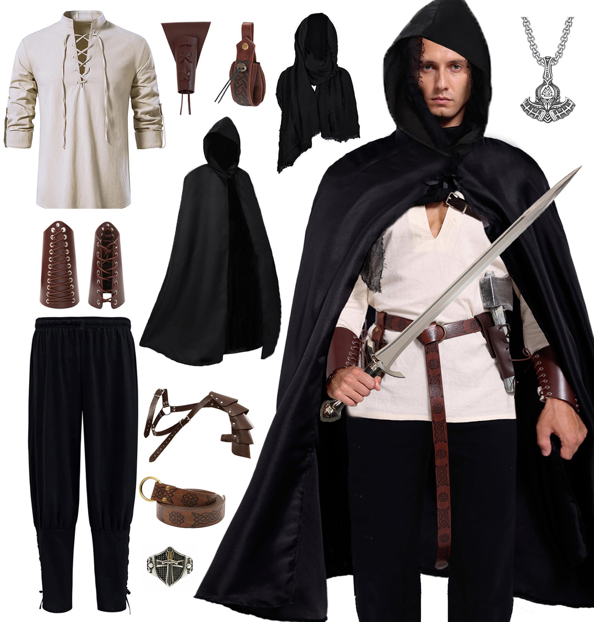 Akokvlar Conjunto de 10 piezas de disfraz de pirata medieval para hombre, pantalones vikingos con bandas en el tobillo