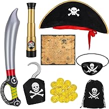 LATERN 8 Pezzi Capitano Pirata Costume Accessori, Pirata Cappello Teschio Ossa Incrociate Benda Sull'occhio Spada Mappa del Tesoro Telescopio Gonfiabile Moneta D'oro per Bambini Pirata Festa Cosplay