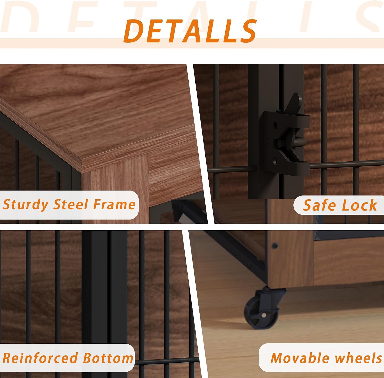 38.6 Inch Dog Crate Furniture with Wheels, Heavy Duty Wooden Dog Kennel Table, Indoor Pet Cage with 2 Doors, Sturdy Metal Dog Furniture Crate for Small Medium Dogs