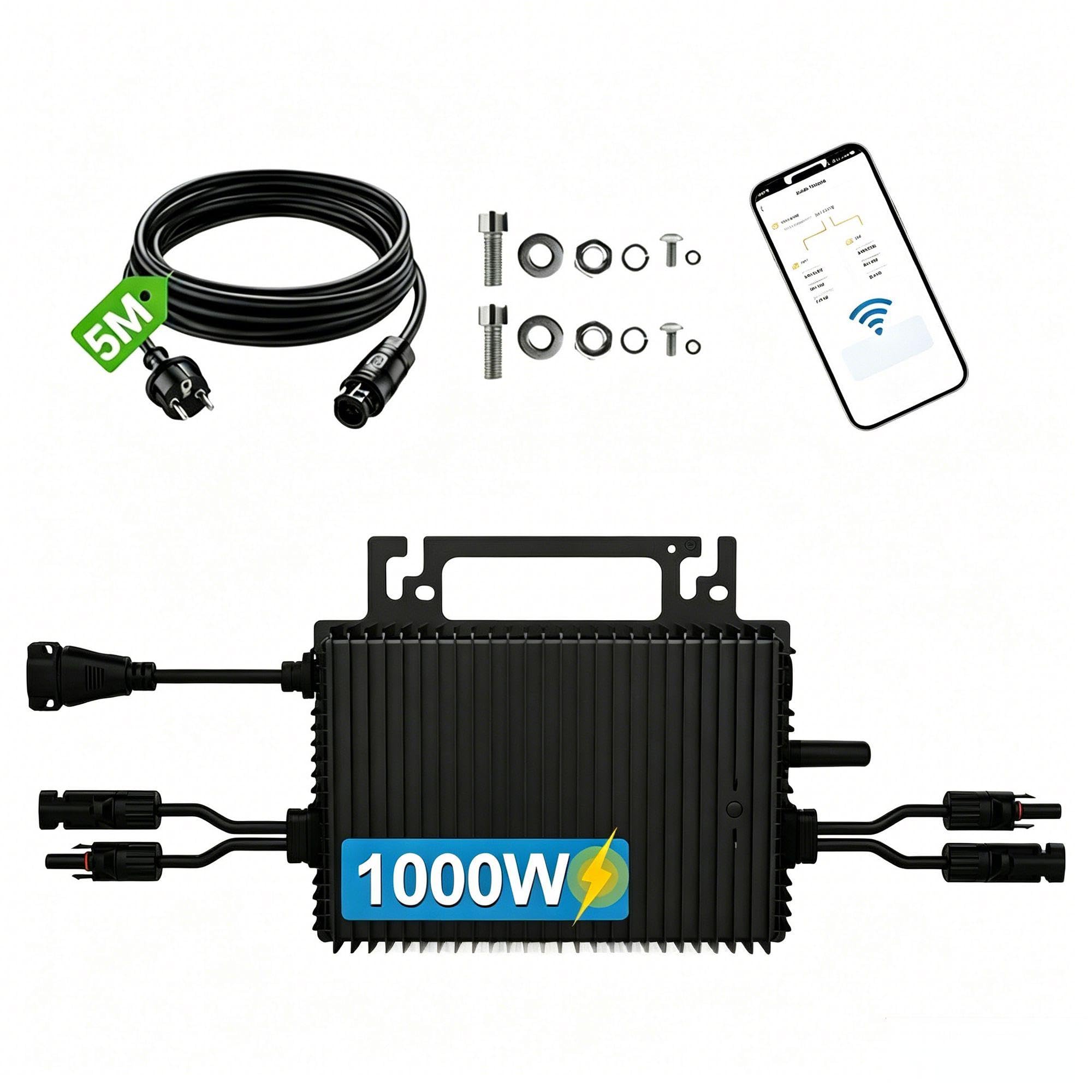 Mikro Wechselrichter 1000w-2MPPT，Wechselrichter für balkonkraftwerk mit WLAN,IP67 wasserdicht，mit 5m AC Kabel für Solar Inverter,App Steuerung,Plug Play