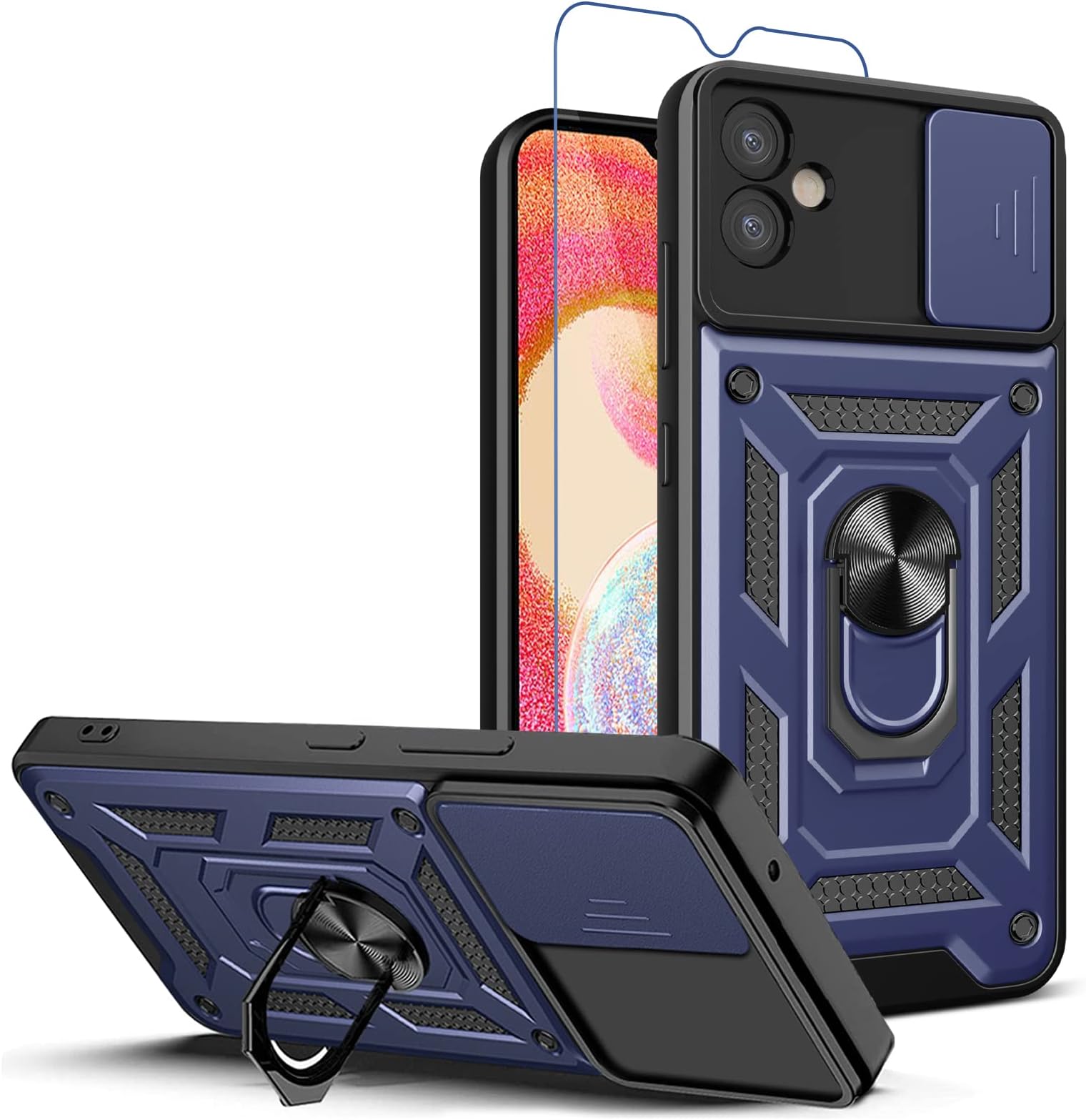 for Samsung Galaxy A04E Case with Screen Protector [360°Rotatable Kickstand] Military Grade Protection Anti-Scratch Phone Case, Magnetic Car Mounts for Samsung A04E(Blue)