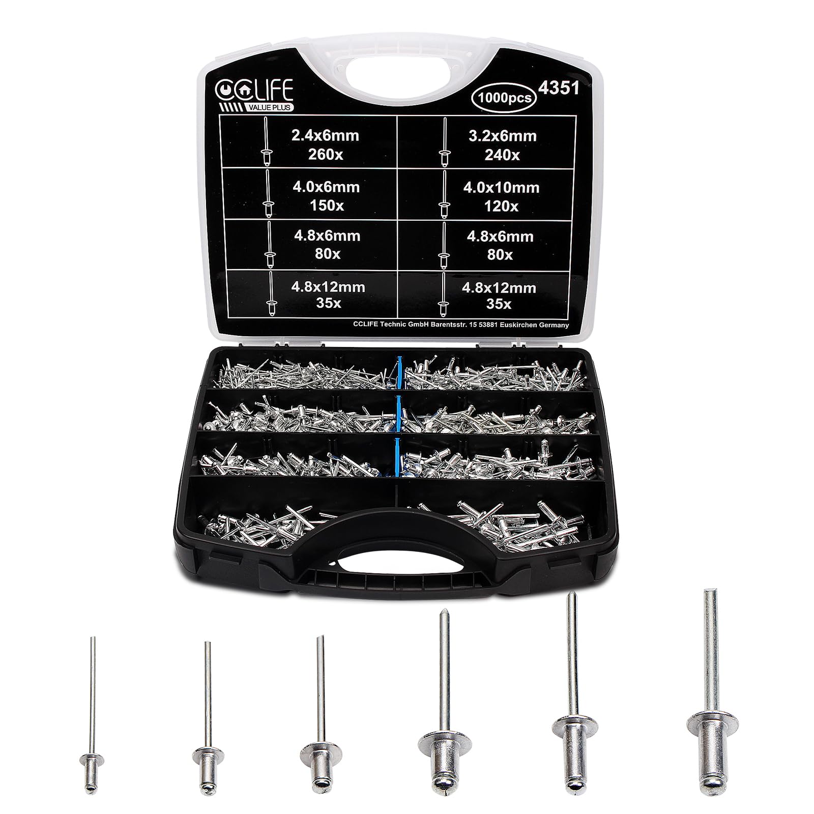 CCLIFE 1000 Pièces Boite de rivet pop，Rivets aveugles aluminium Ø2.4mm-3.2mm-4mm-4.8mm