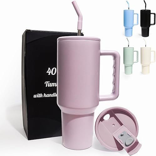 Laosh Vaso de 40 onzas con asa y pajilla, 2 tapas (con pajilla  abatible), taza aislada al vacío de acero inoxidable de 40 onzas, taza de viaje