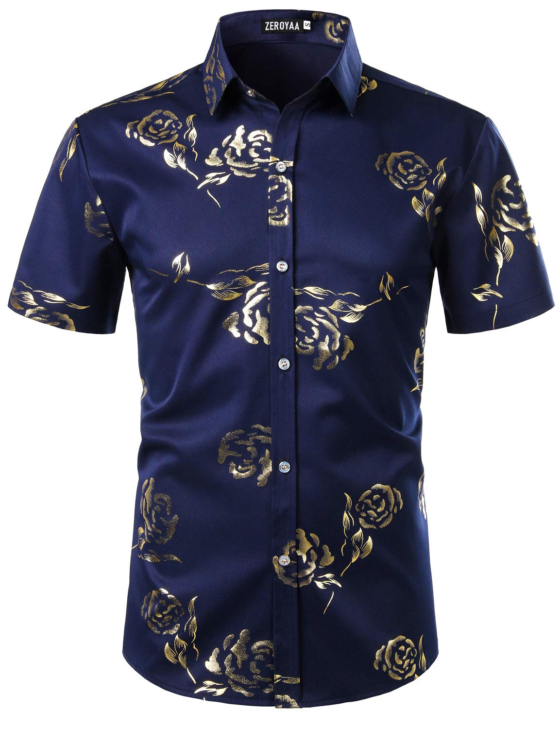 ZEROYAA Mens Hipster Gold Rose Printed Slim Fit Short Sleeve Button Down Dress Shirts
