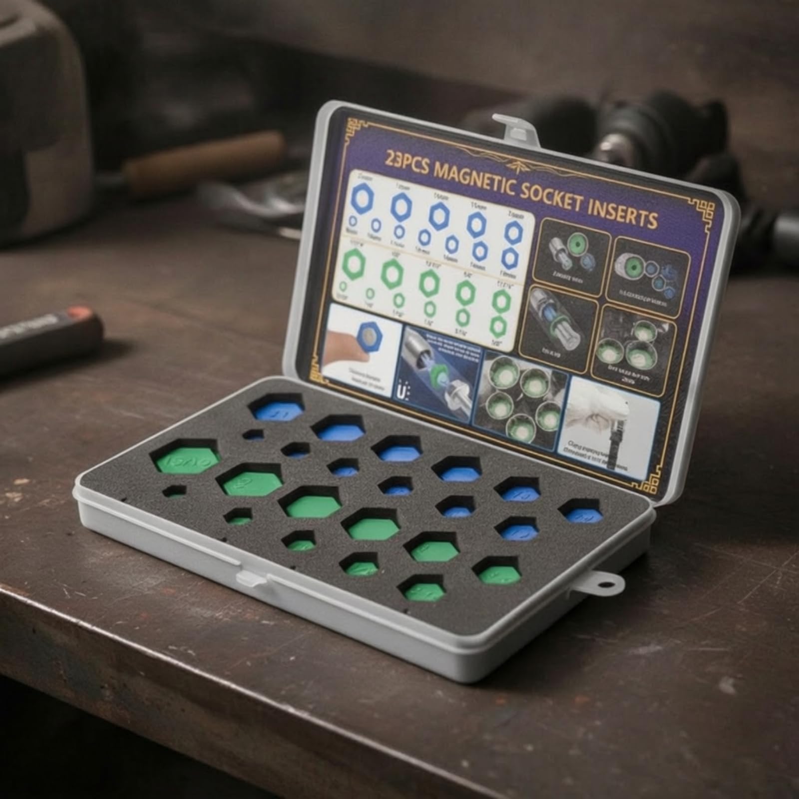 23 Pièces Adaptateur de Douille Clé Embout Insert Magnétique Compatibilité Sae et Métrique Identification Rapide Plateaux en Mousse