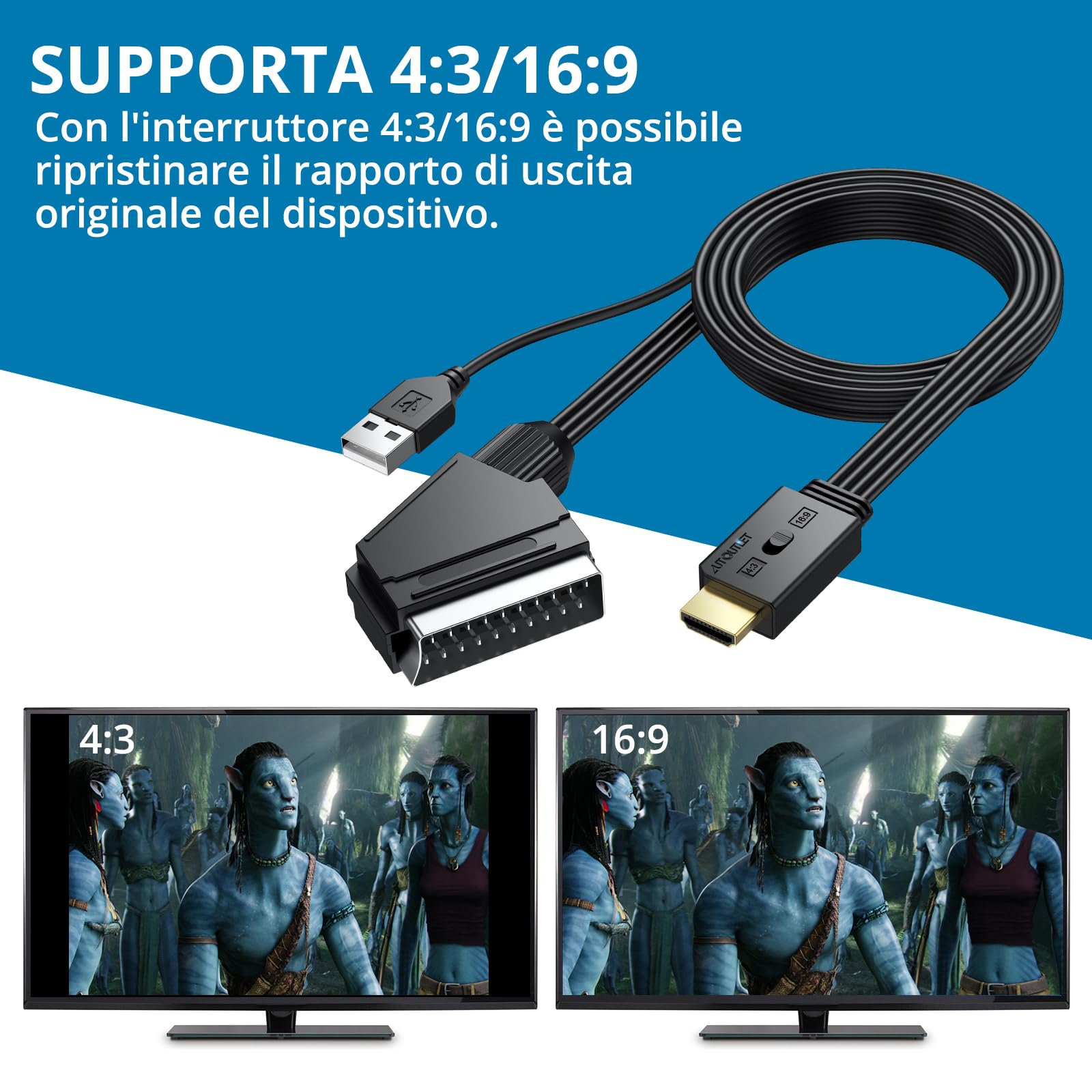 AUTOUTLET Convertitore Scart a HDMI 1080P Supporto Conversione 16:9 4:3 PAL NTSC Adattatore con Cavo 150 cm