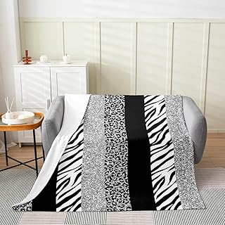 Gray Glitter Leopard Print Throw Blanket Baby 30x40 Black White Zebra Skin Print Fleece Blanket for Kids Teens Adults Wild Animal Modern Simple Style Flannel Blanket for Office Chairs