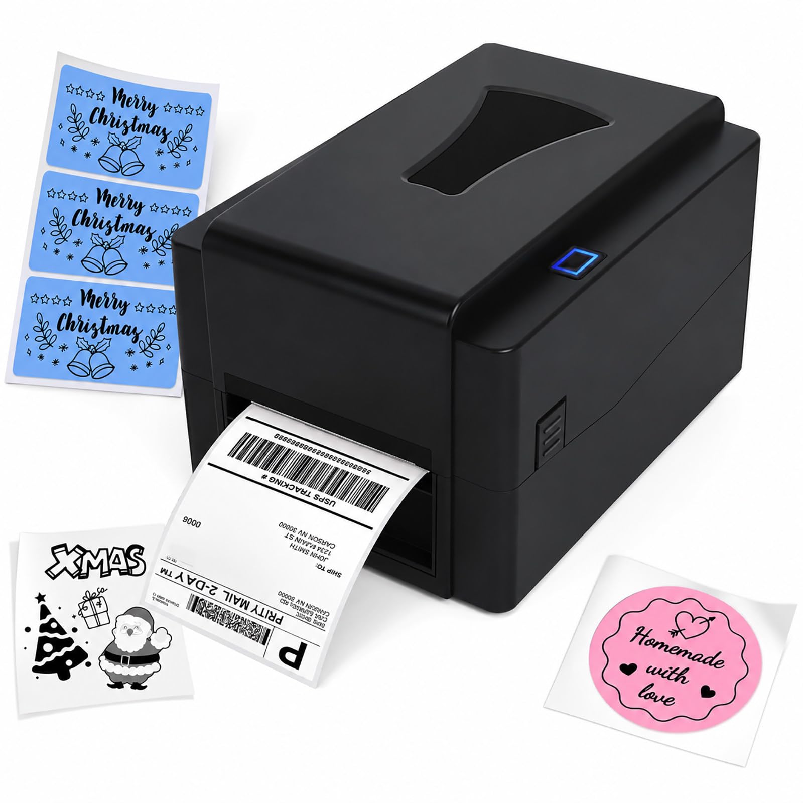 vnmudzeo Commercial Thermal Transfer Label Printer — 300 DPI Desktop Printer with Adjustable Media Guide for Labels, Black Mark Labels and Continuous Media