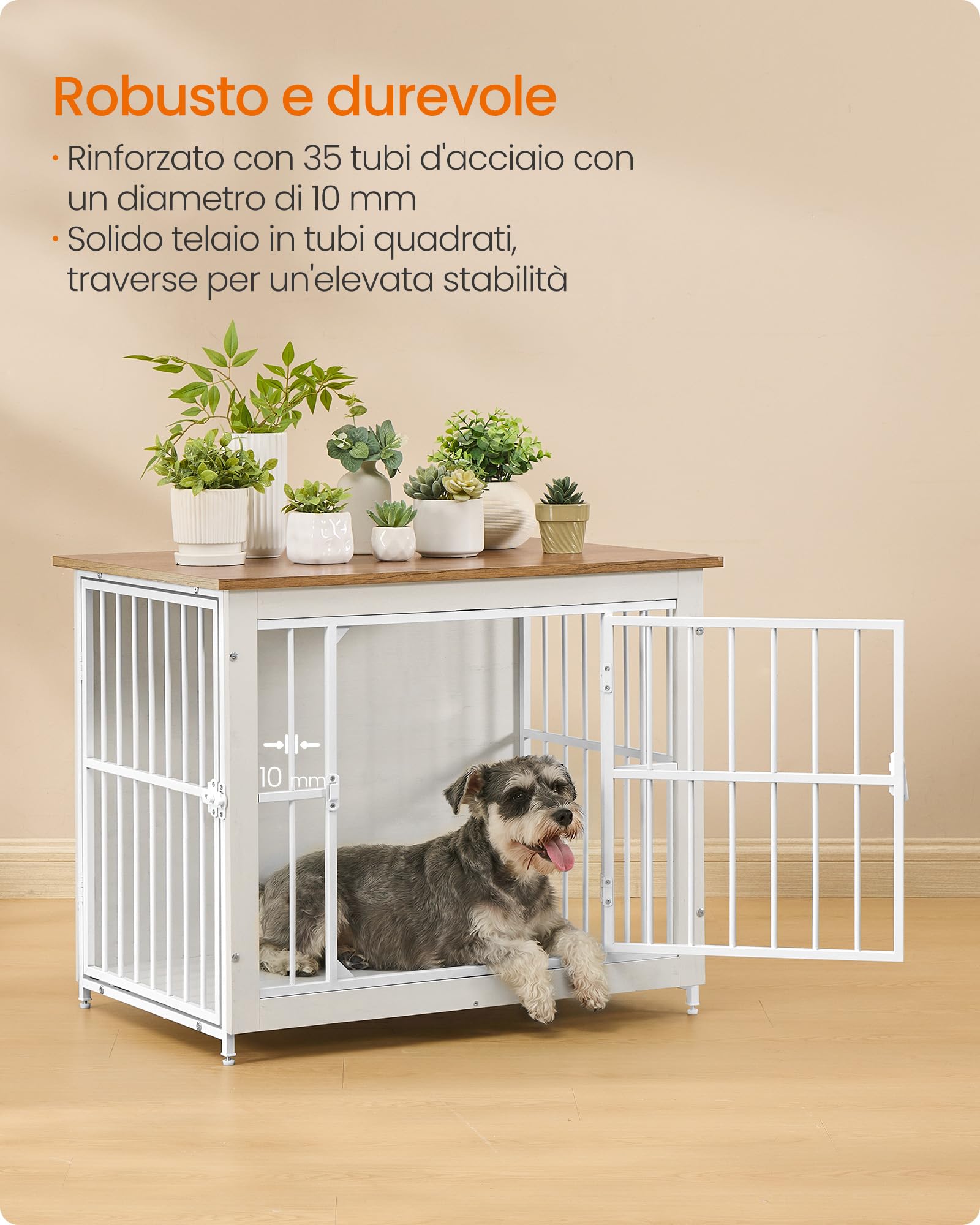 Feandrea Mobile Gabbia per Cani, Gabbia Moderna da Interno con Base Chiusa, 2 Porte, M, per Cani fino a 20 kg, Bassotto, Shih Tzu, Schnauzer Nano, Bianco Nuvola e Marrone Miele PFC022KB01