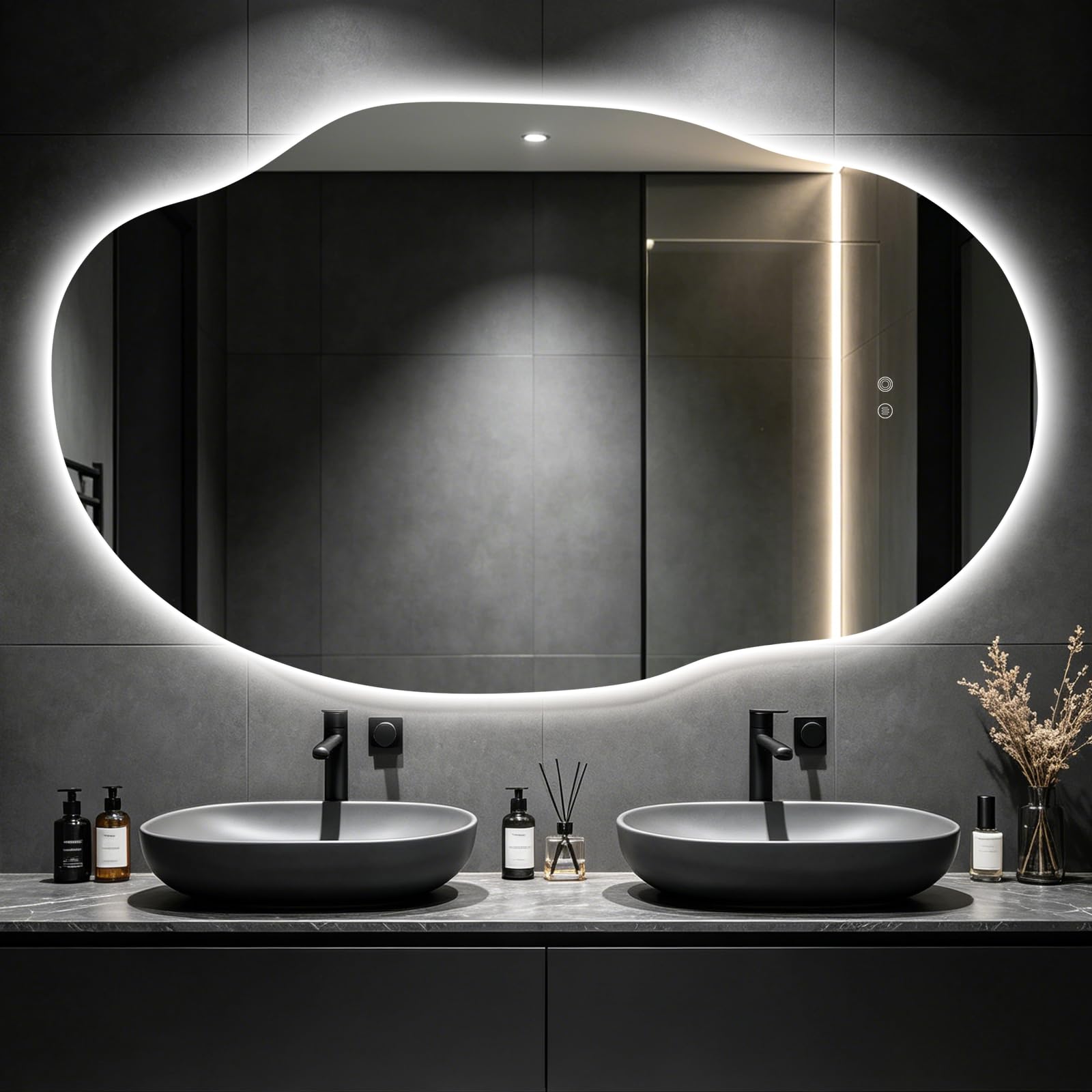 asymmetrical bathroom mirror with lights,irregular led bathroom vanity mirror with backlit,anti-fog,3 colors and dimmable light with memory,hardwired supported[horizontal/vertical] 60" h x 36" w
