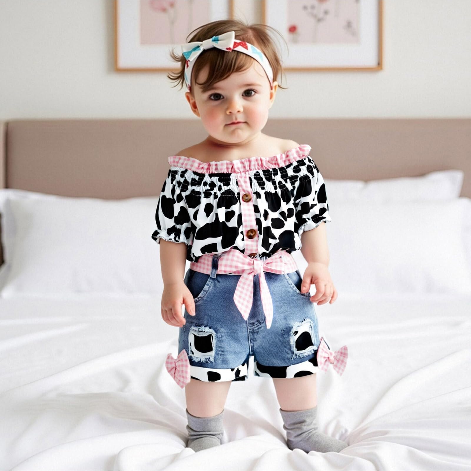 Emmababy Western Baby Girl Clothes Cow Print Shirt Off Shoulder Smocked Top and Jeans Shorts Cowgirl Outfit Toddler Denim Set (Pink, 12-18 Months)