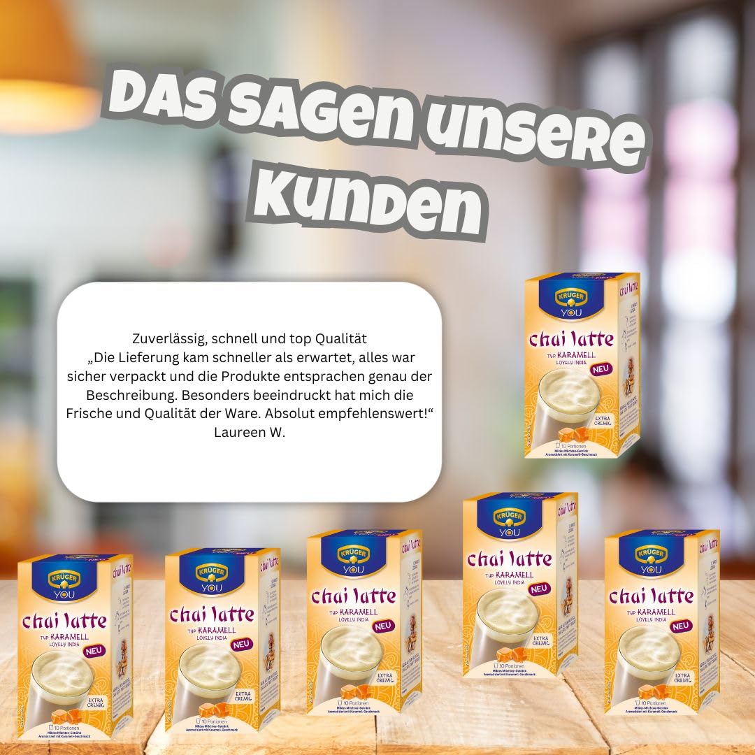 Krüger YOU Chai Latte Karamell „Lovely India“ 6×250 g | Instant Chai Latte Pulver | Aromatisches Tee-Getränk mit Karamell-Note | Heiß genießen | Vorratspack 1,5 kg