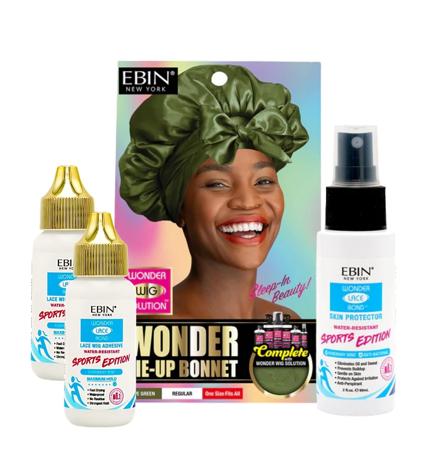 Lace Wig Glue – 2X EBIN Wonder Lace Bond Adhesive Sports Edition Bundle with Skin Protector Sports Edition 2 fl oz and Tie-Up Bonnet Olive Greene Regular by EBIN NEW YORK – Gift Set (4 Items)