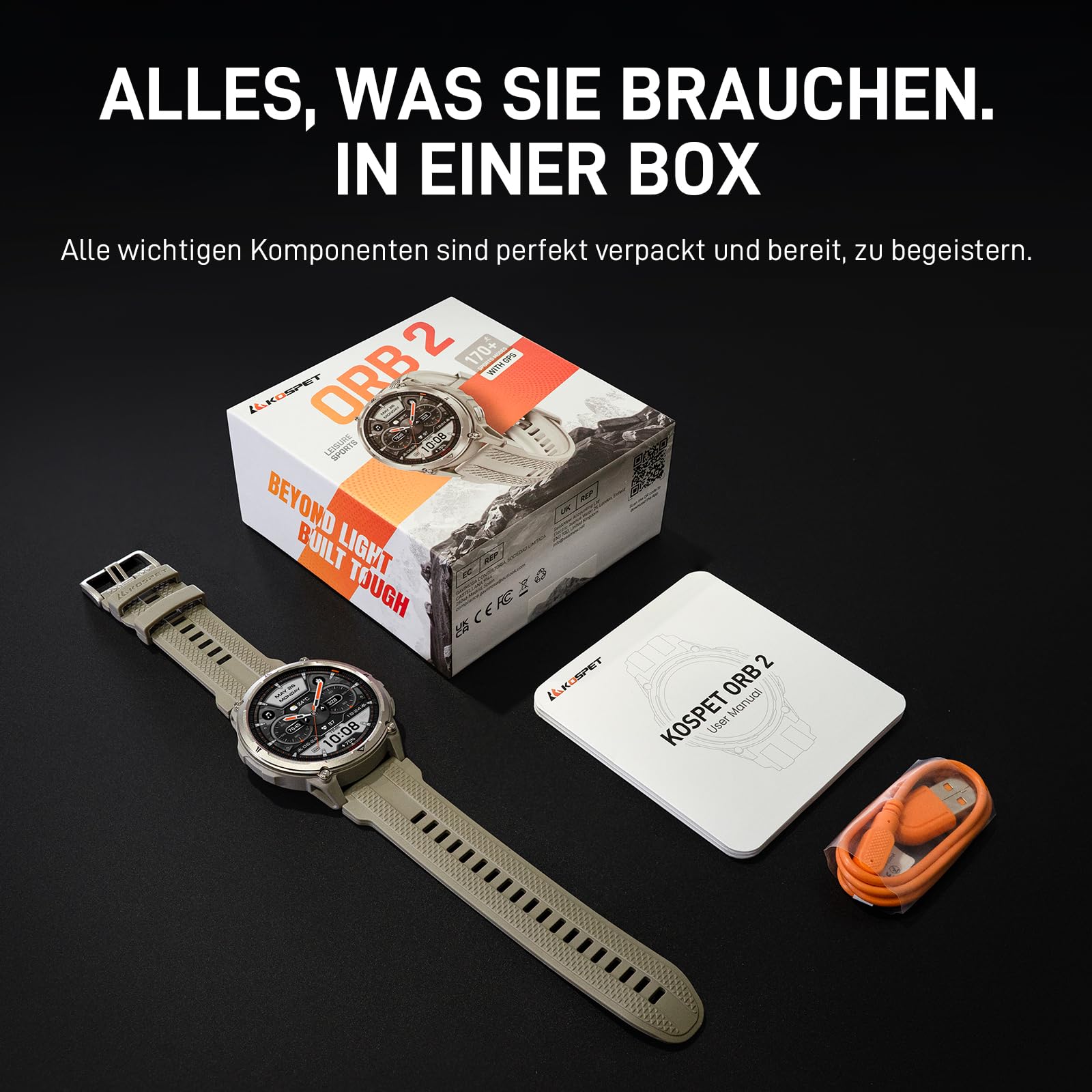 KOSPET ORB 2 GPS Smartwatch Herren Damen 1,43" AMOLED, 5 ATM & IP69 | 16 Tage Akku, 170+ Sportmodi, Gesundheitsfunktionen, LED-Taschenlampe & Walkie-Talkie, Militär Smart Watch für Android/iPhone