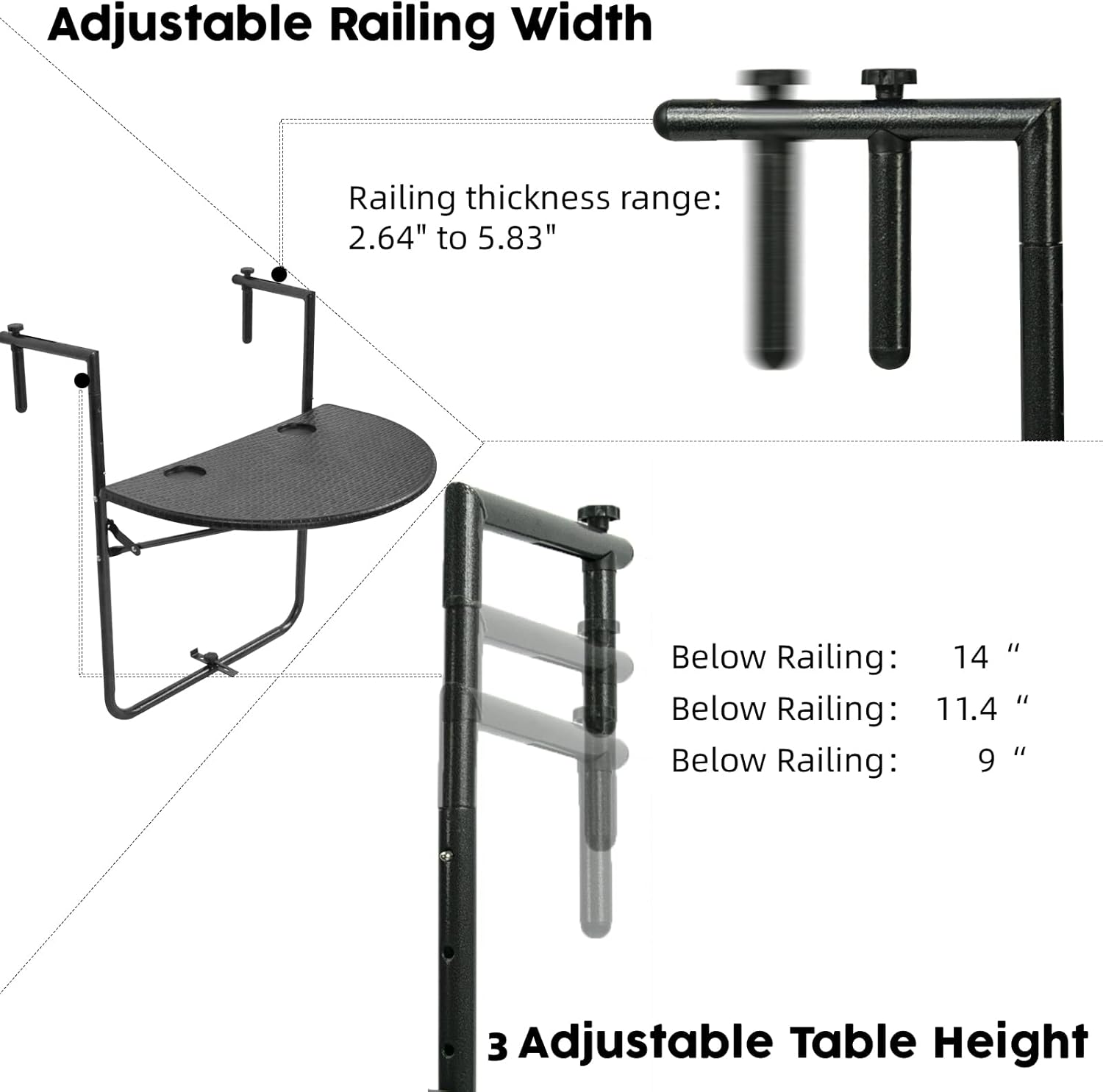 EJWOX Folding Balcony Hanging Table - Outdoor Railing Bar Serving Table, 3 Adjustable Height/Maintenance-Free Material, Suitable for Patio, Garden and Deck(Black Wicker Style)