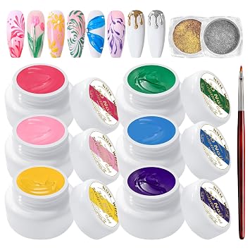 6Pcs Nail Sculpting Gel,Non Wipe 3D Painting Nail Polish Gel with Chrome Nail Powder for Art Carving Modeling,Rub Powder,and Nail Painting UV/Led Manicure DIY, 02