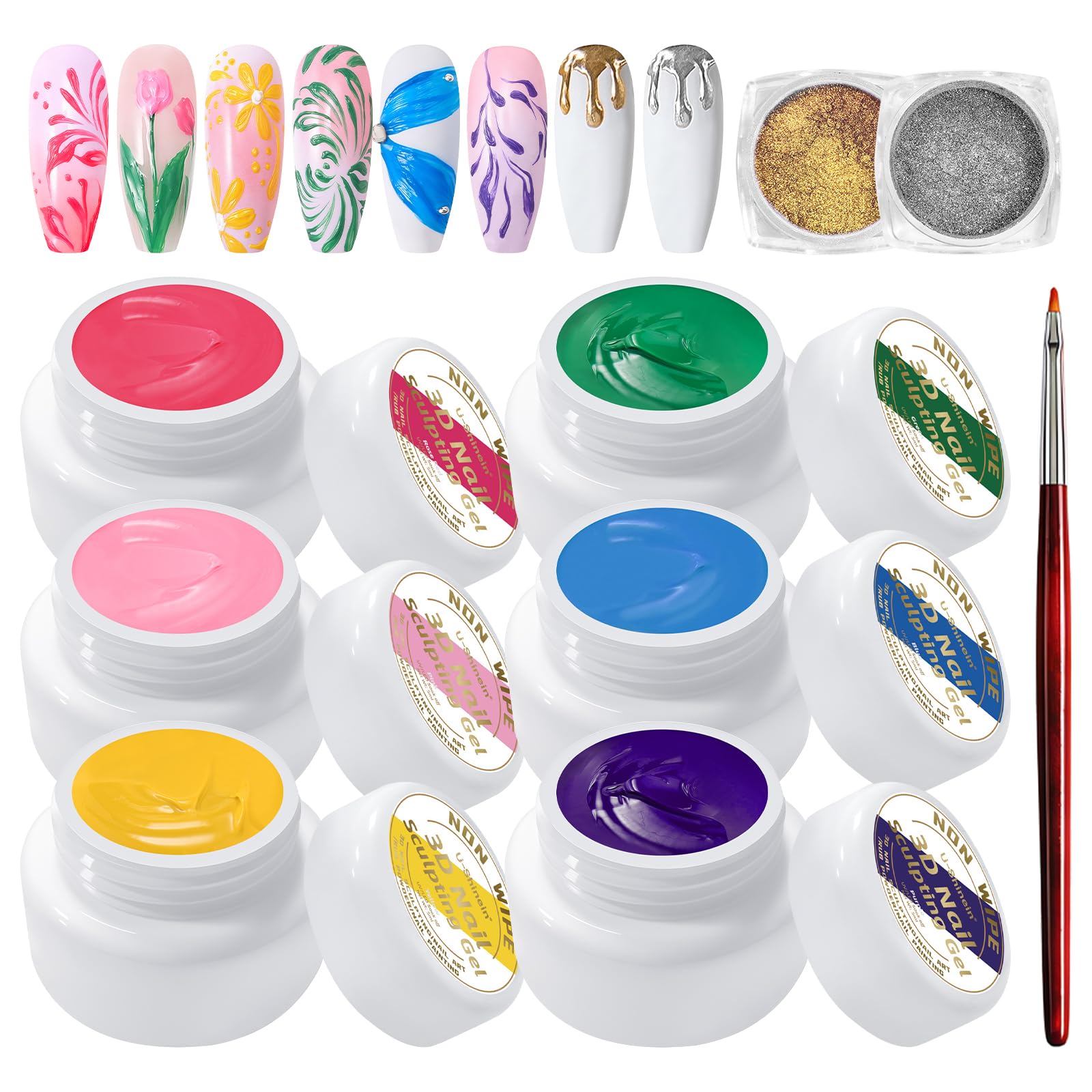 U-Shinein 6Pcs Nail Sculpting Gel,Non Wipe 3D Painting Nail Polish Gel with Chrome Nail Powder for Art Carving Modeling,Rub Powder,and Nail Painting