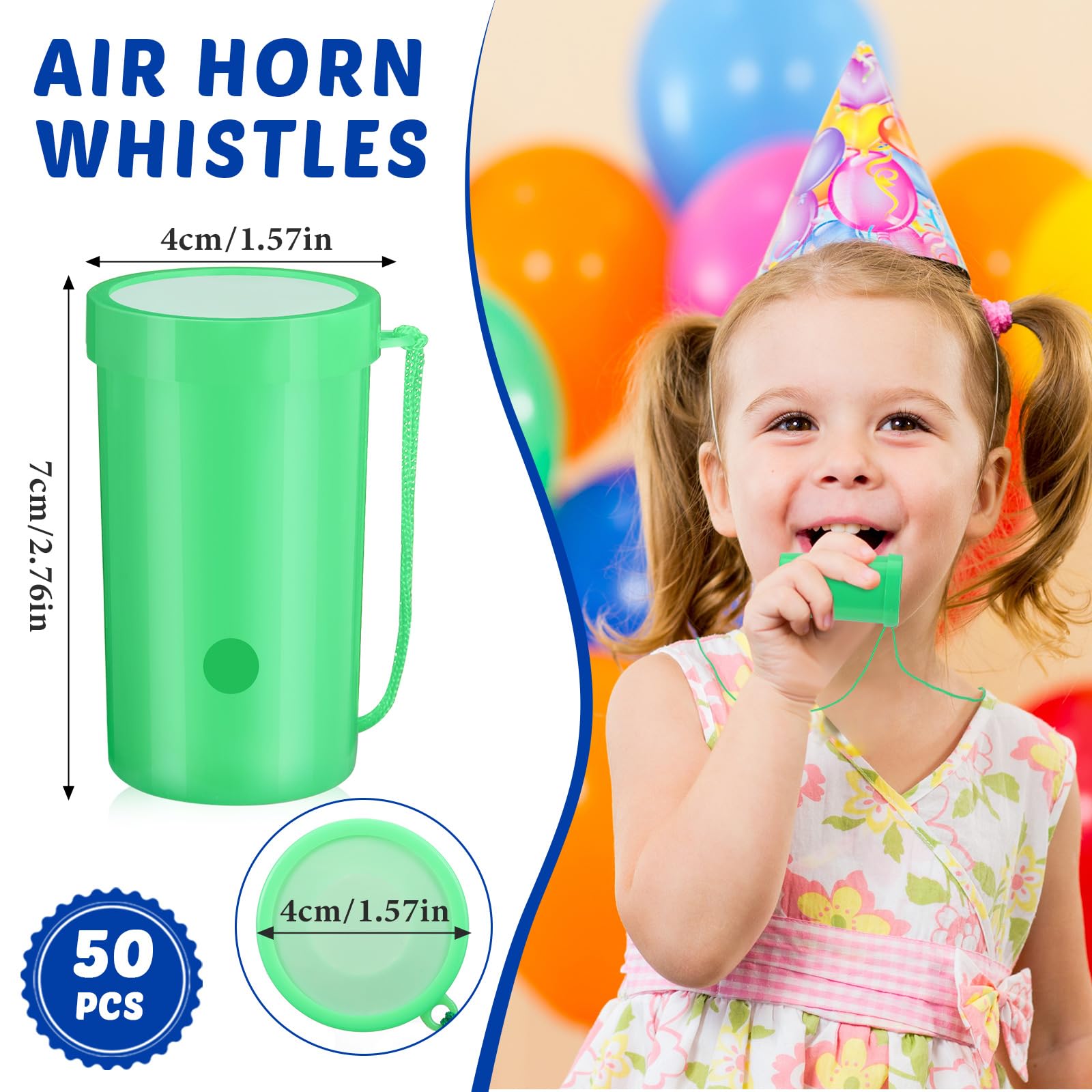 Jenaai 50 Pcs Mini Air Horn 3 Inch Noisemakers for Sporting Events Fun Stadium Loud Noise Maker Blow Horn Noise Whistle with Lanyard for Birthday Party Graduation Celebrations Goodie Bag (Green)