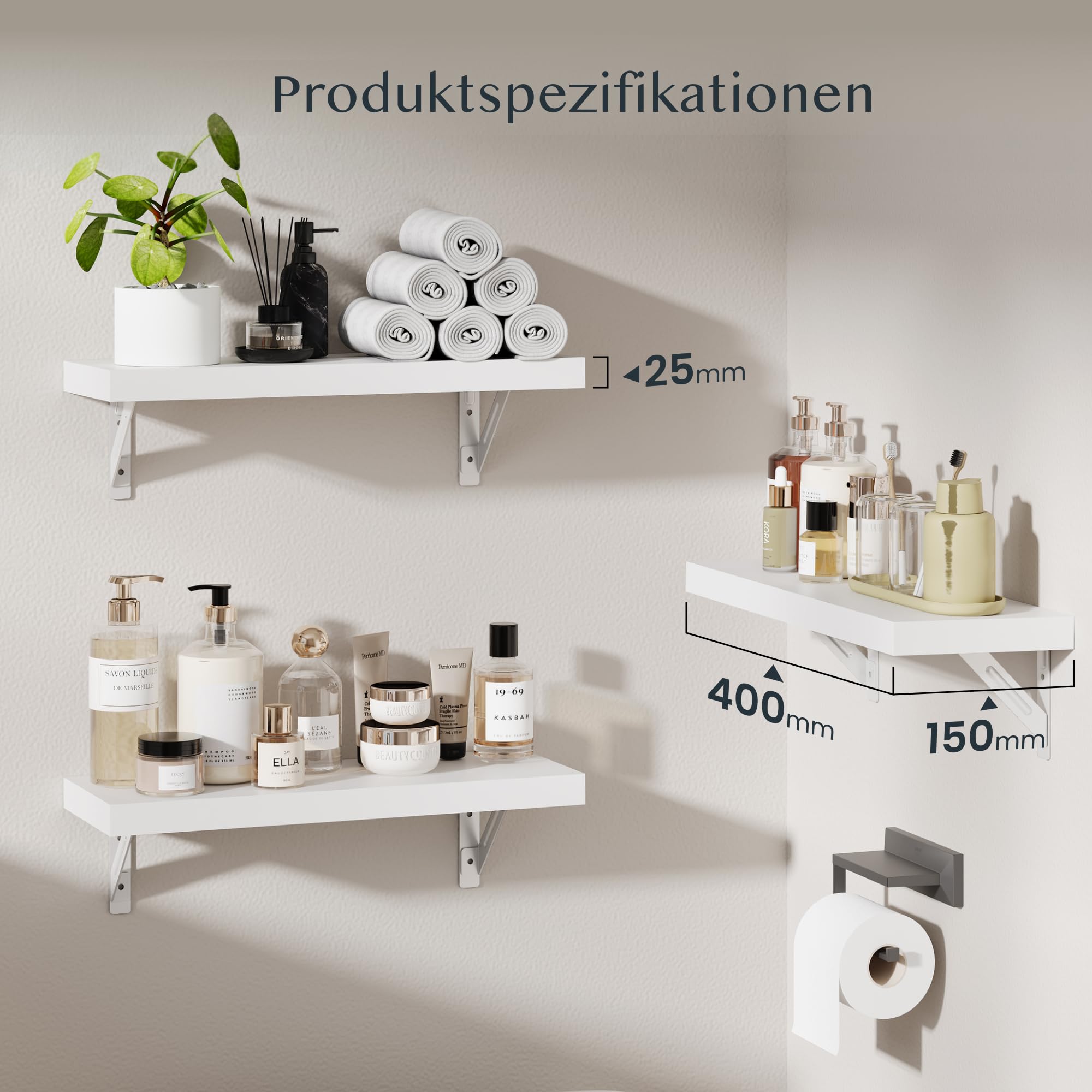 FLEXISPOT Wandregal Holz 400×150×25 mm – 3er-Set Schweberegal Weiß, Bücherregal aus Holz, 20 kg belastbar, modern & platzsparend Wandboard, dekoratives Hängeregal für Wohnzimmer, Küche, Bad oder Büro