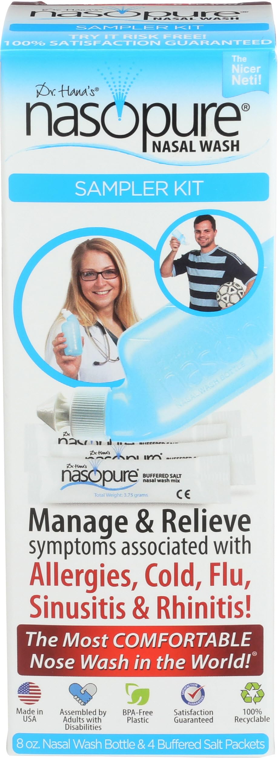 DR HANA'S NASOPURE Le "Pot Neti Nicer" Sampler Kit 8 Bouteille Avec 4 onces Tamponnés Sel Packets Allergie Congestion Relief Lavage Nasal