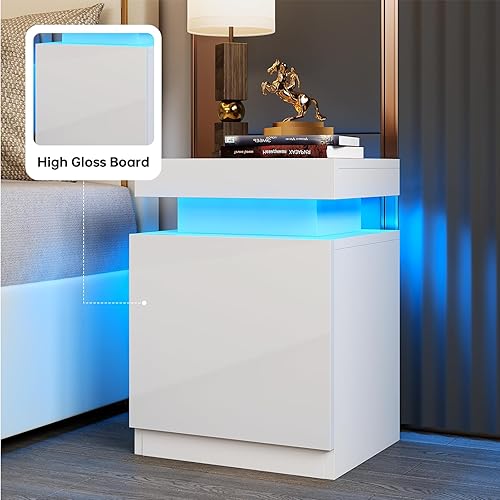 Miniatura 7 de oneinmil Juego de 2 mesitas de noche LED, mesita de noche con armario de almacenamiento para dormitorio, mesita de noche con luces LED, mesa