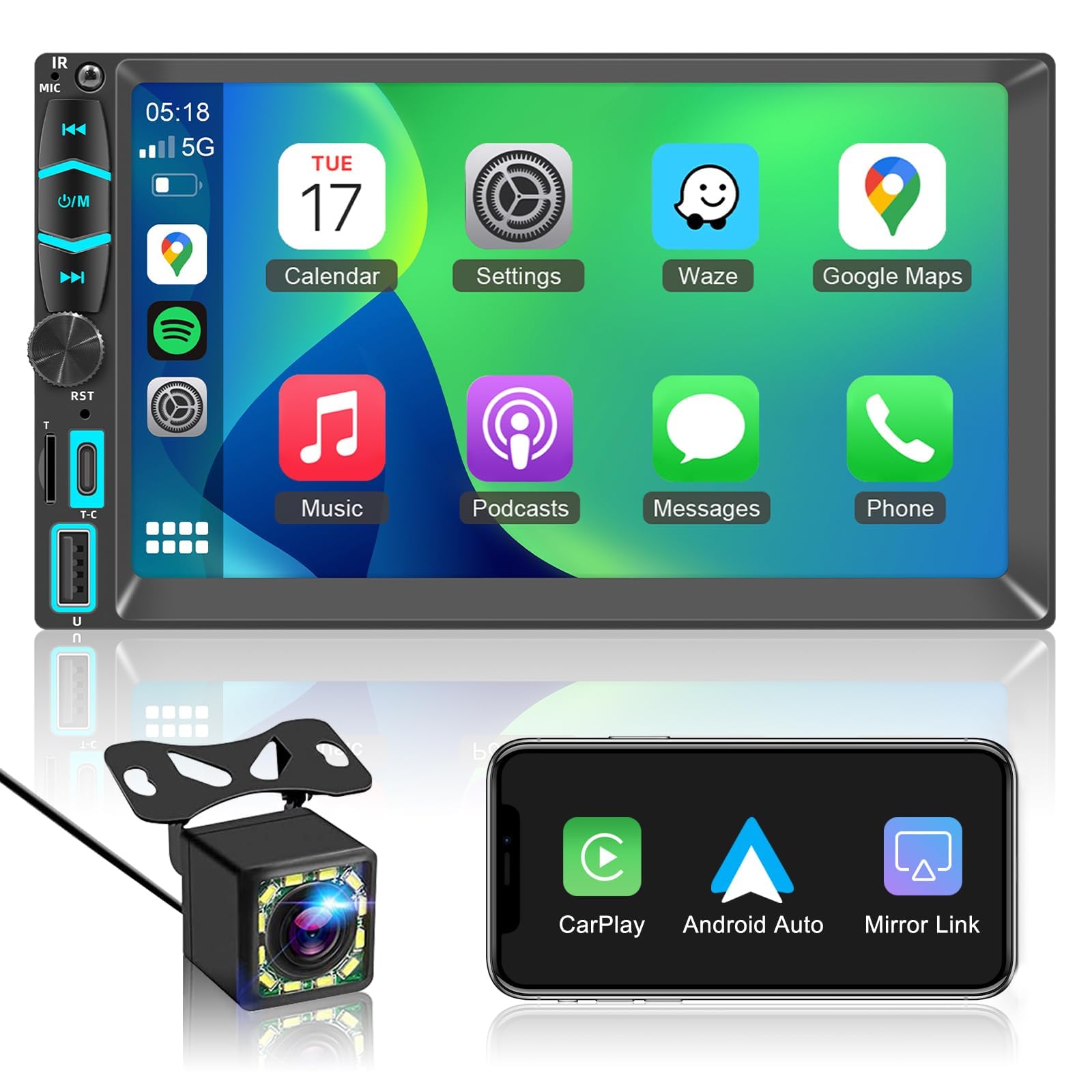 Radio Coche 2 DIN con Carplay Android Auto Inalámbrico,Pantalla Carplay con Cámara Trasera,Pantalla táctil HD de 6.98 Pulgadas,Bluetooth,Mirror Link,Navegación GPS,Am/FM/RDS/Type-C,AirPlay