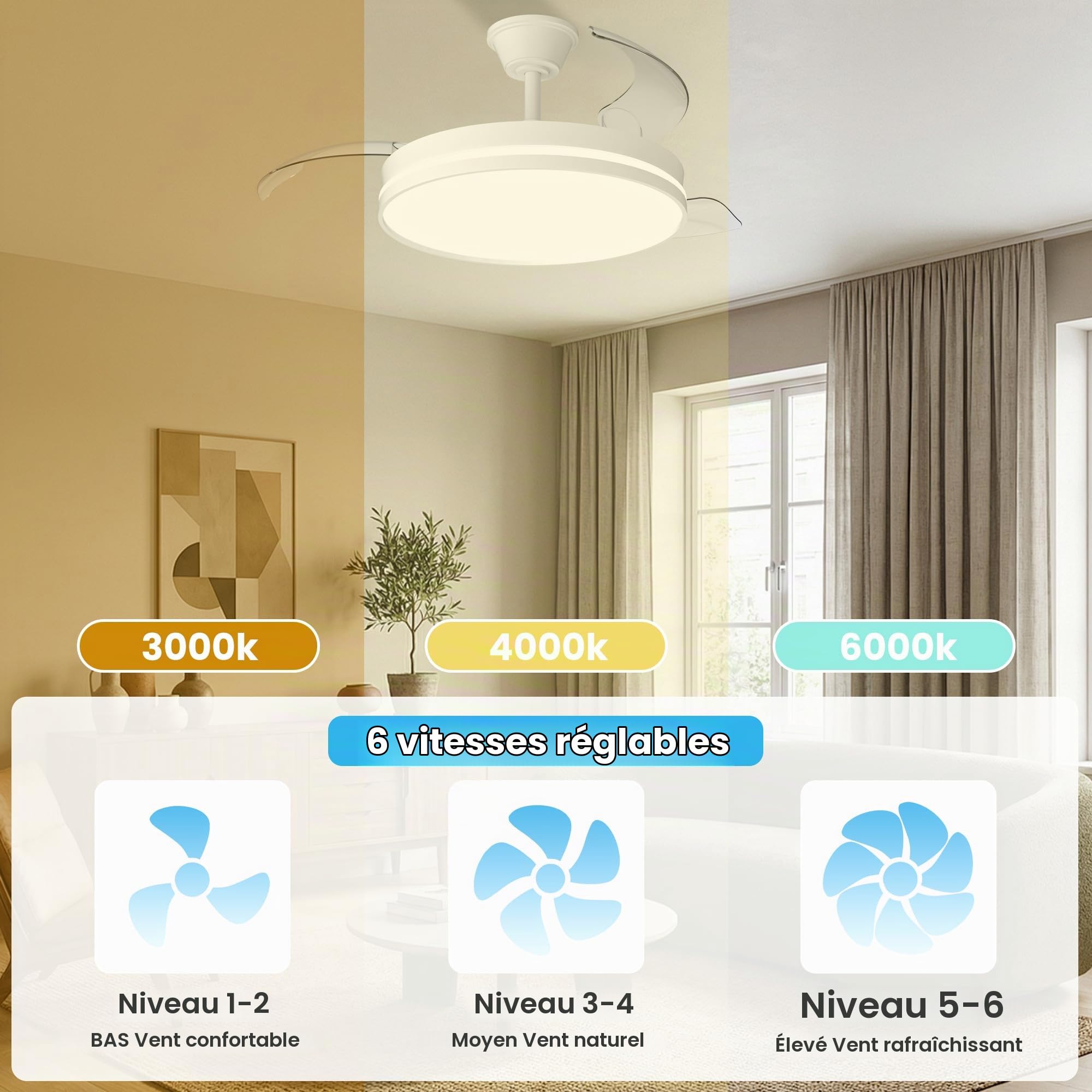 Ventilateur de Plafond avec Lumière et Telecommande, 106cm LED Lampe Ventilateur Plafond Dimmable Lampe Intégrée, 6 Vitesses, Silencieux
