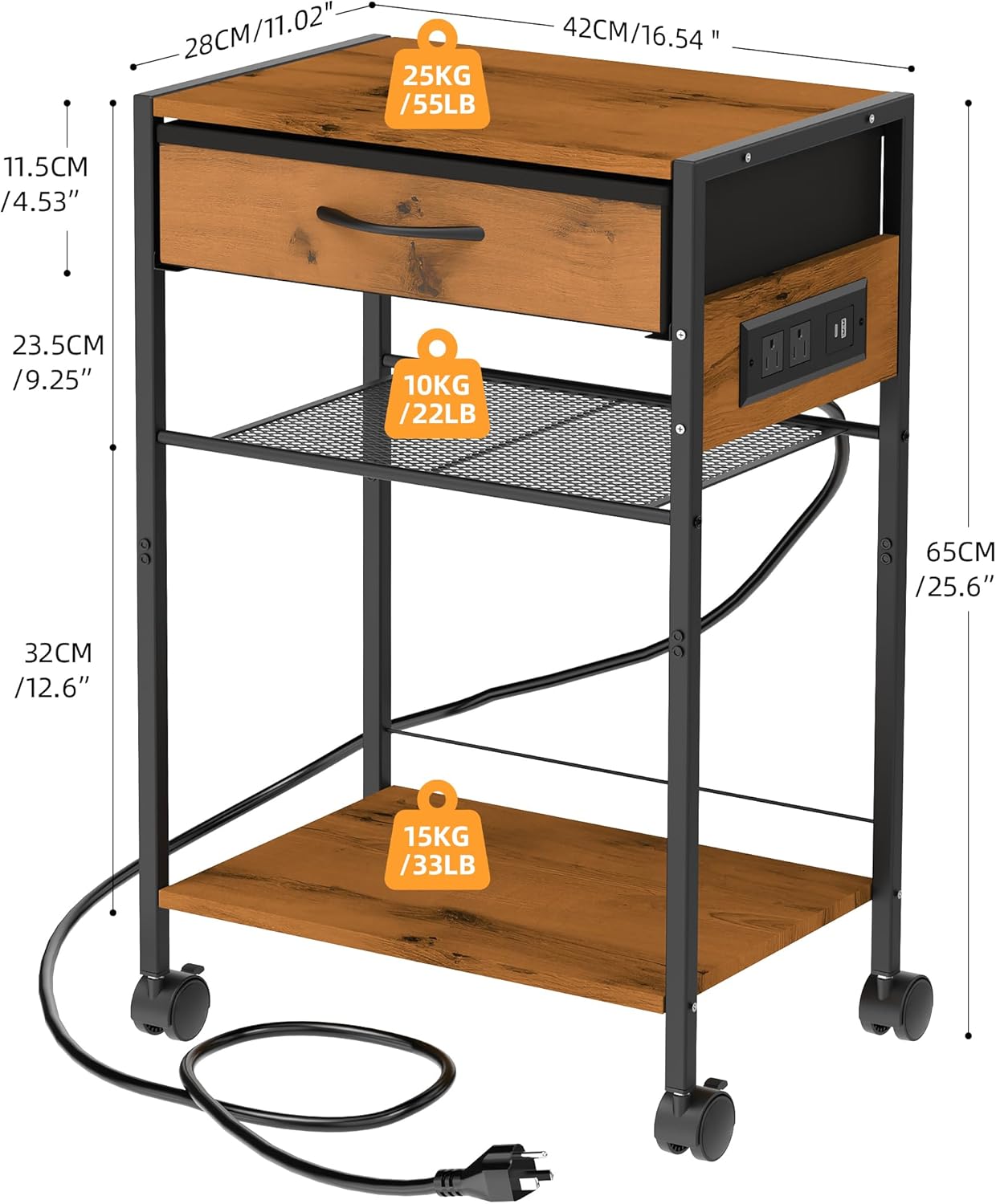 3-Tier Printer Stand with Charging Station, Wood & Metal Printer Table with Storage Drawer for Home Office, Rolling Printer Cart with AC, USB, C-Type Port and Wheels