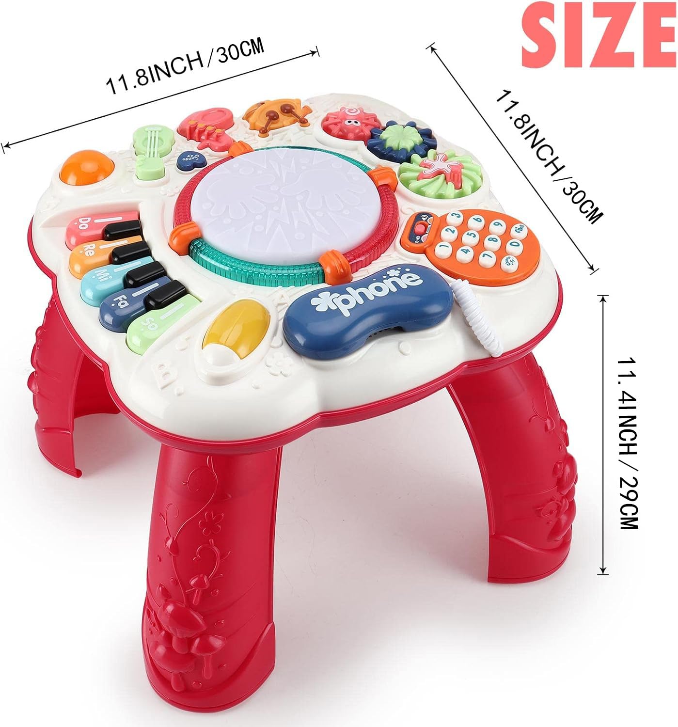 Tavolo attività con luce e musica per bambini 0-36 mesi, giocattolo educativo con suoni ed effetti LED (30 x 30 x 29 cm, rosso) ragazzi e ragazze