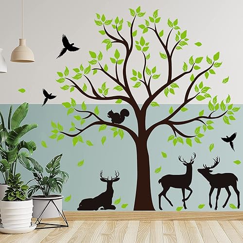 Miniatura 4 de RW-4982 Calcomanías de pared de árbol verde grande gigante de animales de la selva, calcomanías de pared de árbol DIY removibles 3D de ciervos
