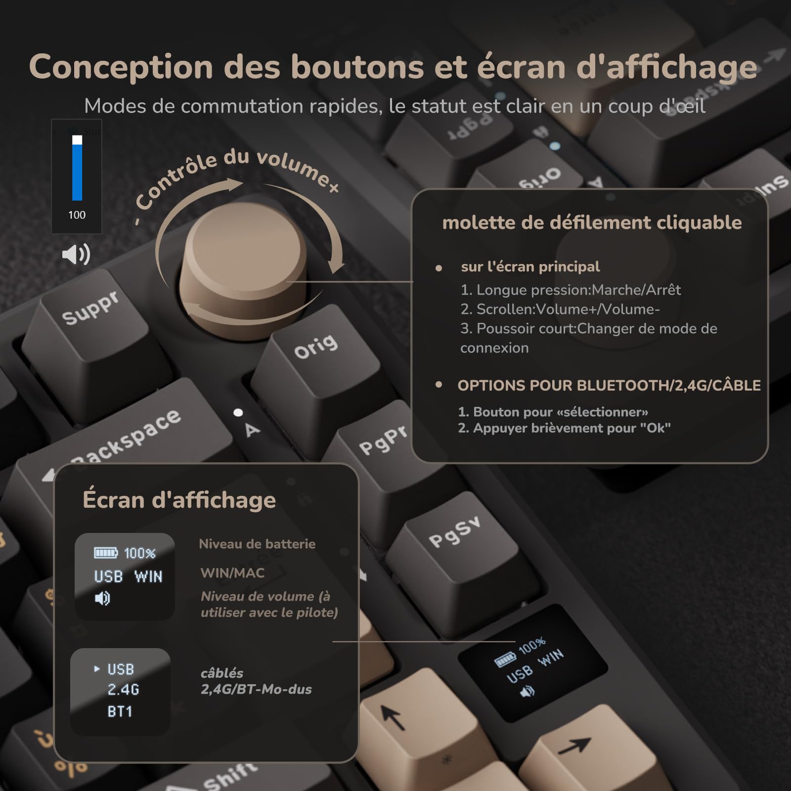 RK ROYAL KLUDGE M75 Clavier Mécanique sans Fil, Azerty BT5.0/2.4G/USB-C Compact 75% Clavier Gamer Mécanique avec écran Intelligent OLED et Bouton Rétroéclairage RVB, Interrupteur Rouge, Grey